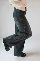 Embroidered Cherry Wide Leg Jeans