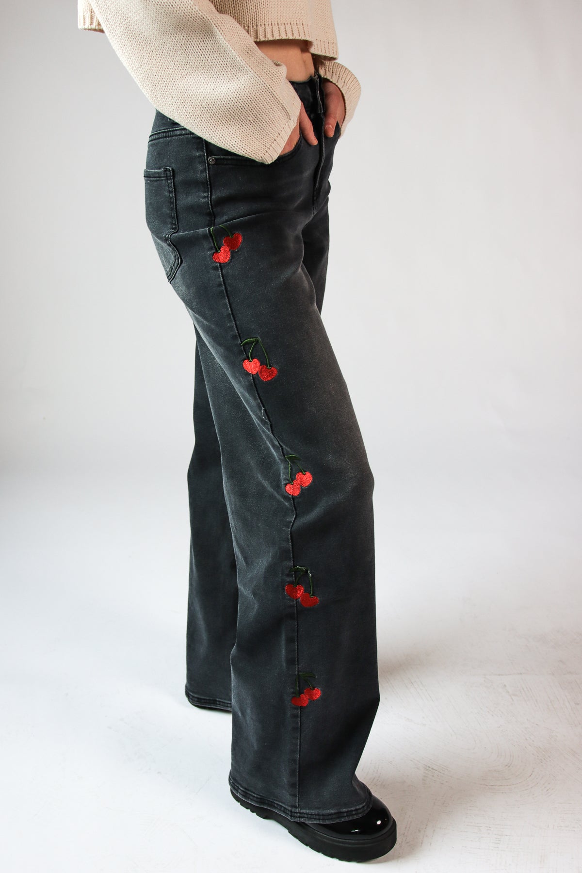 Embroidered Cherry Wide Leg Jeans