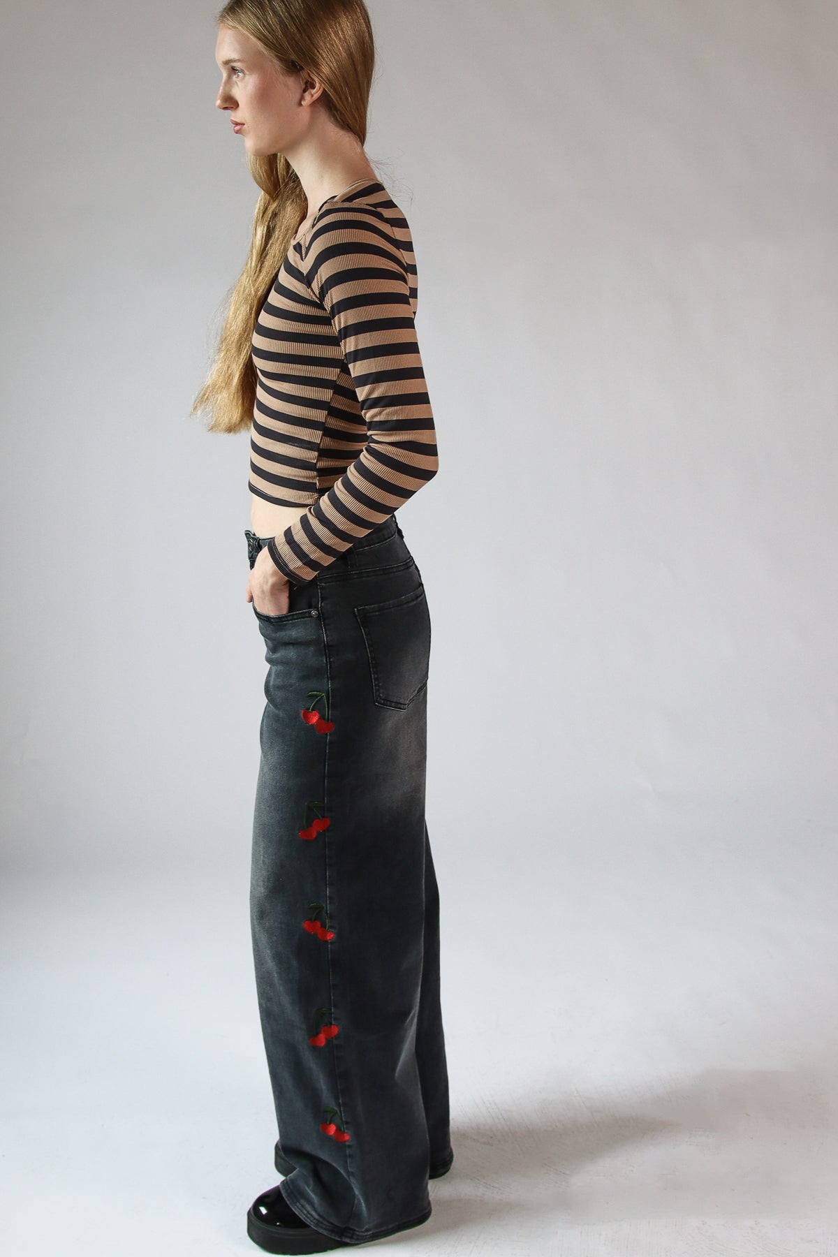 Embroidered Cherry Wide Leg Jeans