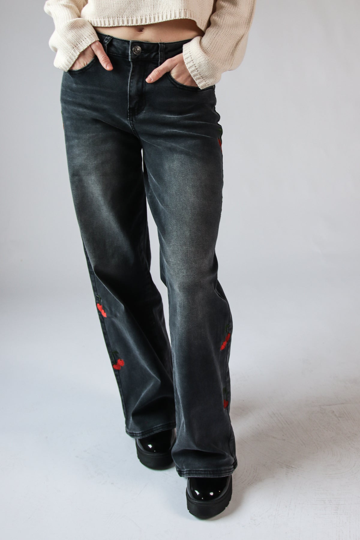 Embroidered Cherry Wide Leg Jeans