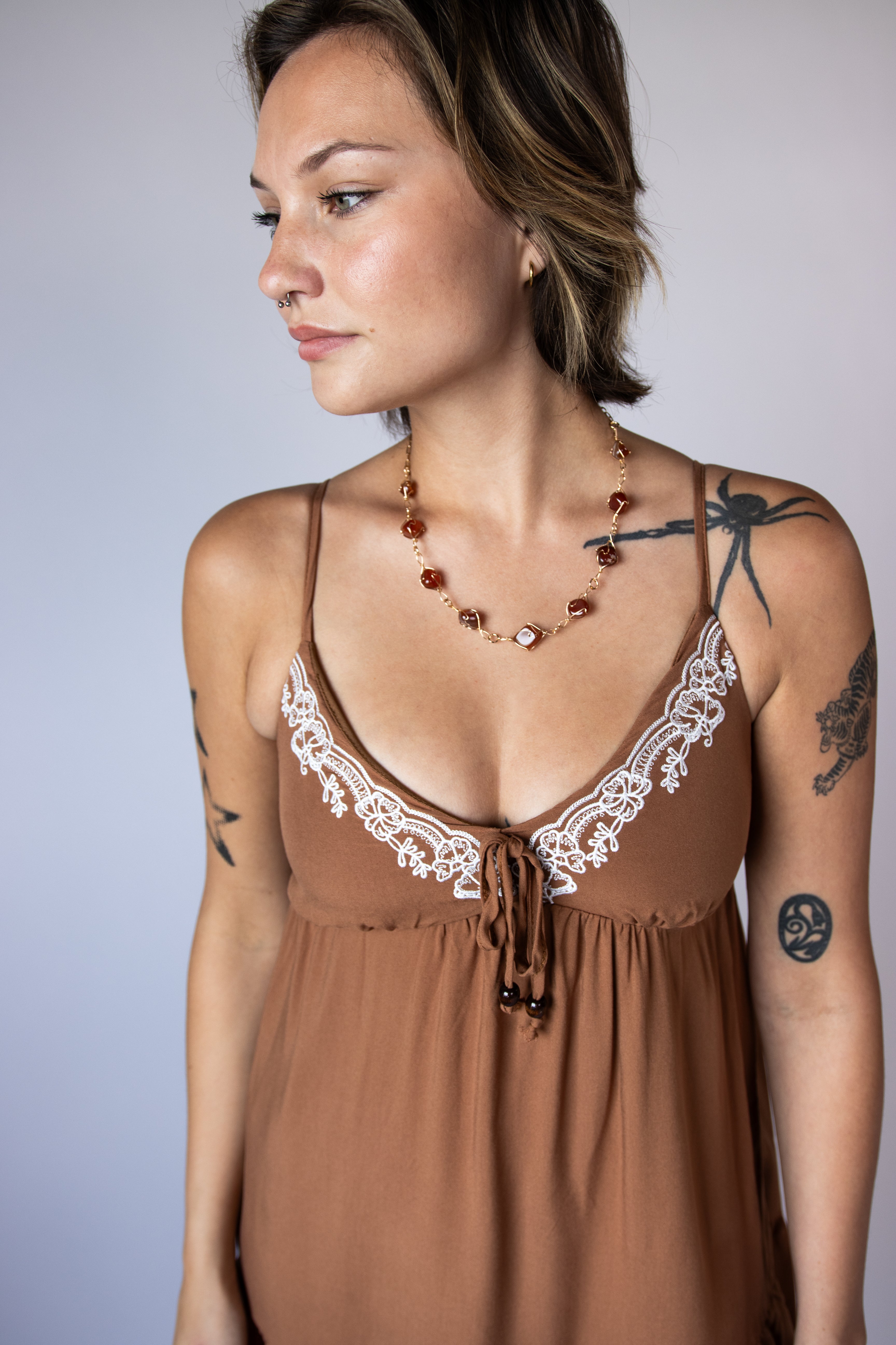 Beaded Tie Embroidered Babydoll Mini Dress