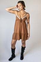 Beaded Tie Embroidered Babydoll Mini Dress