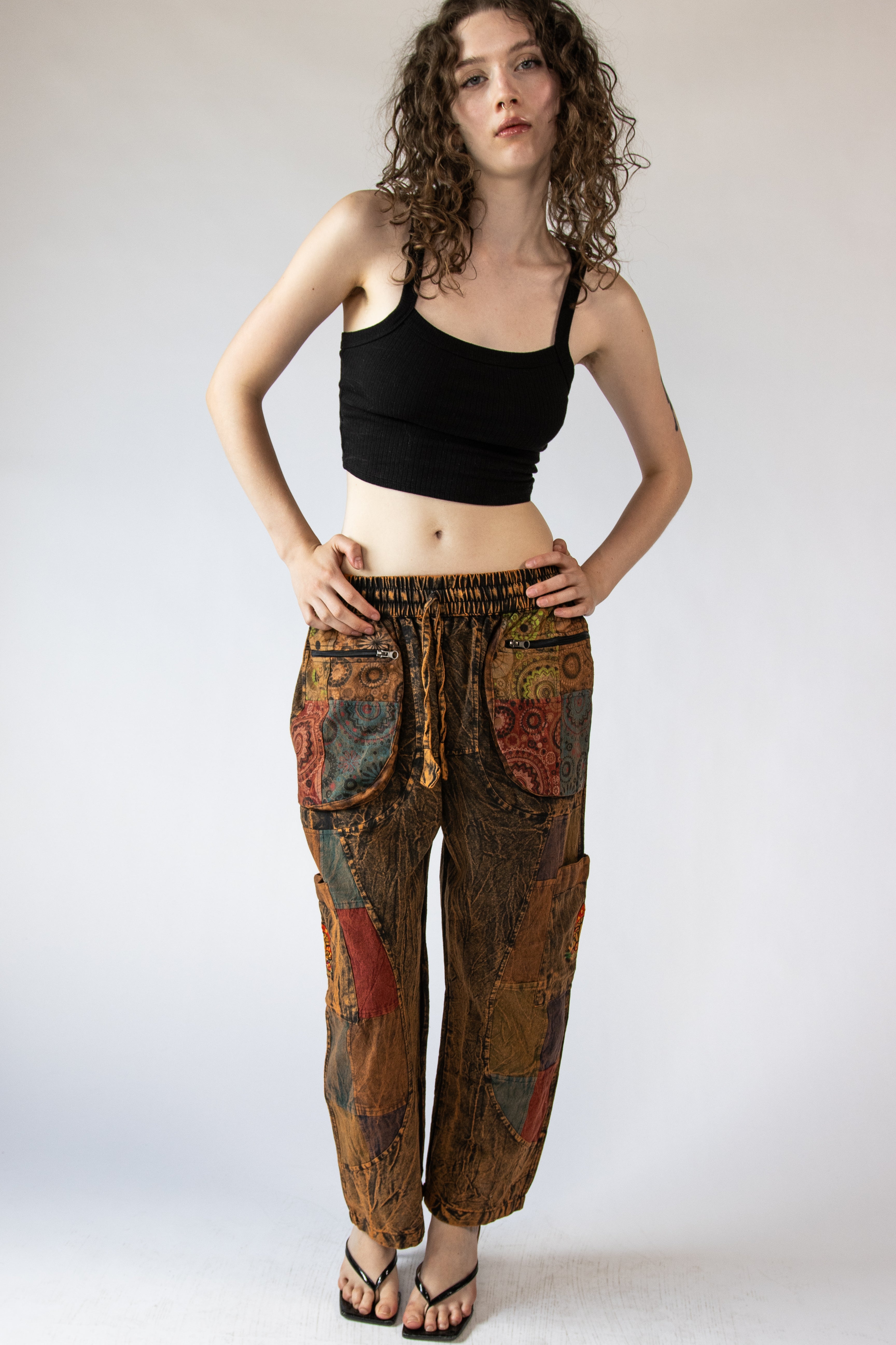 Embroidered Mushroom Block Patchwork Pants