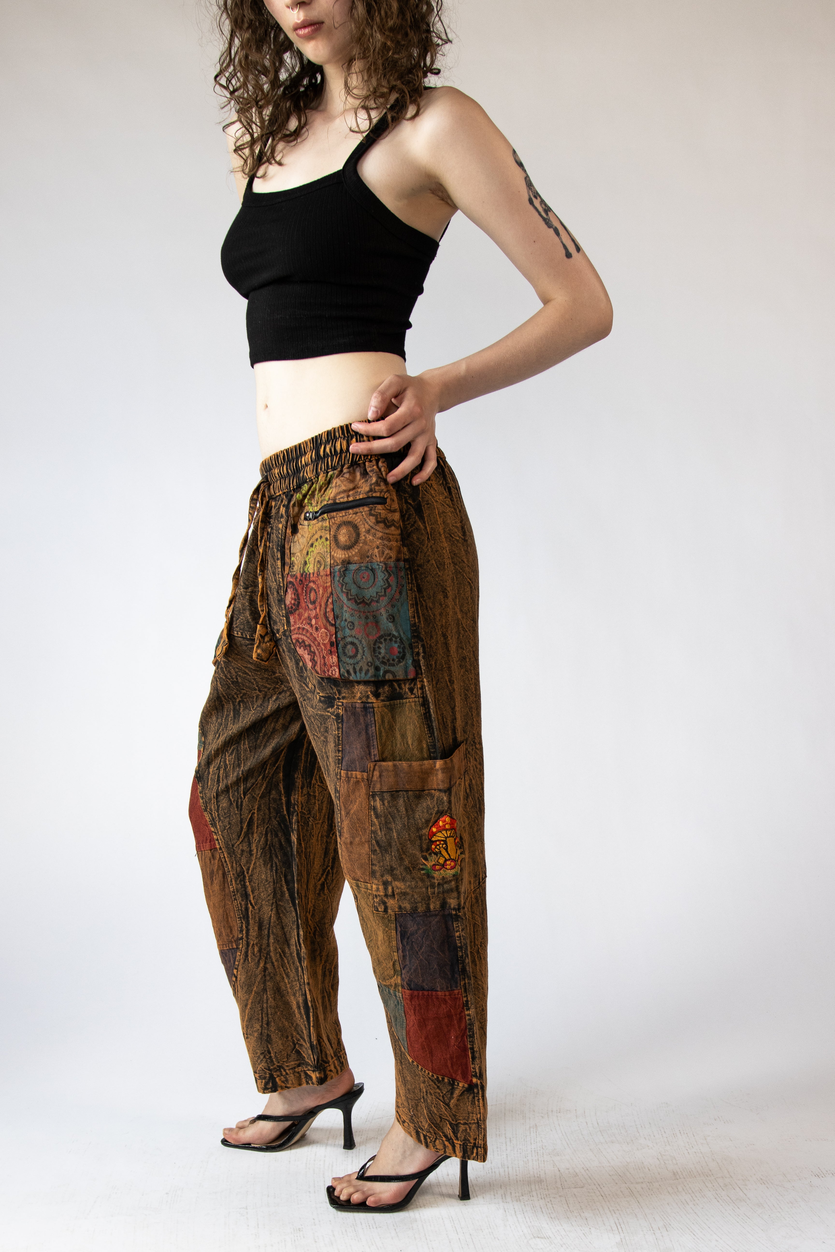Embroidered Mushroom Block Patchwork Pants