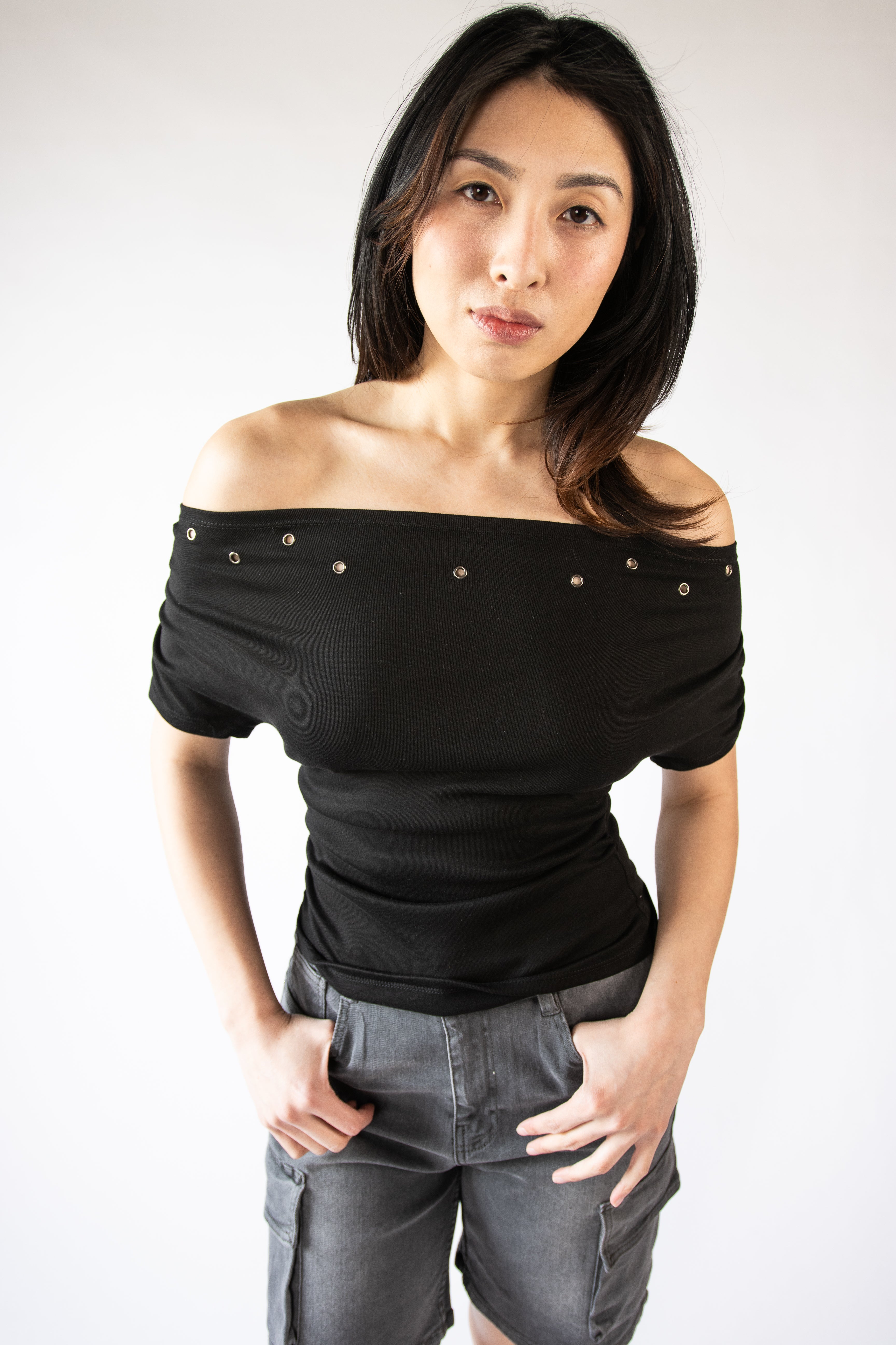 Off The Shoulder Ruched Grommet Top