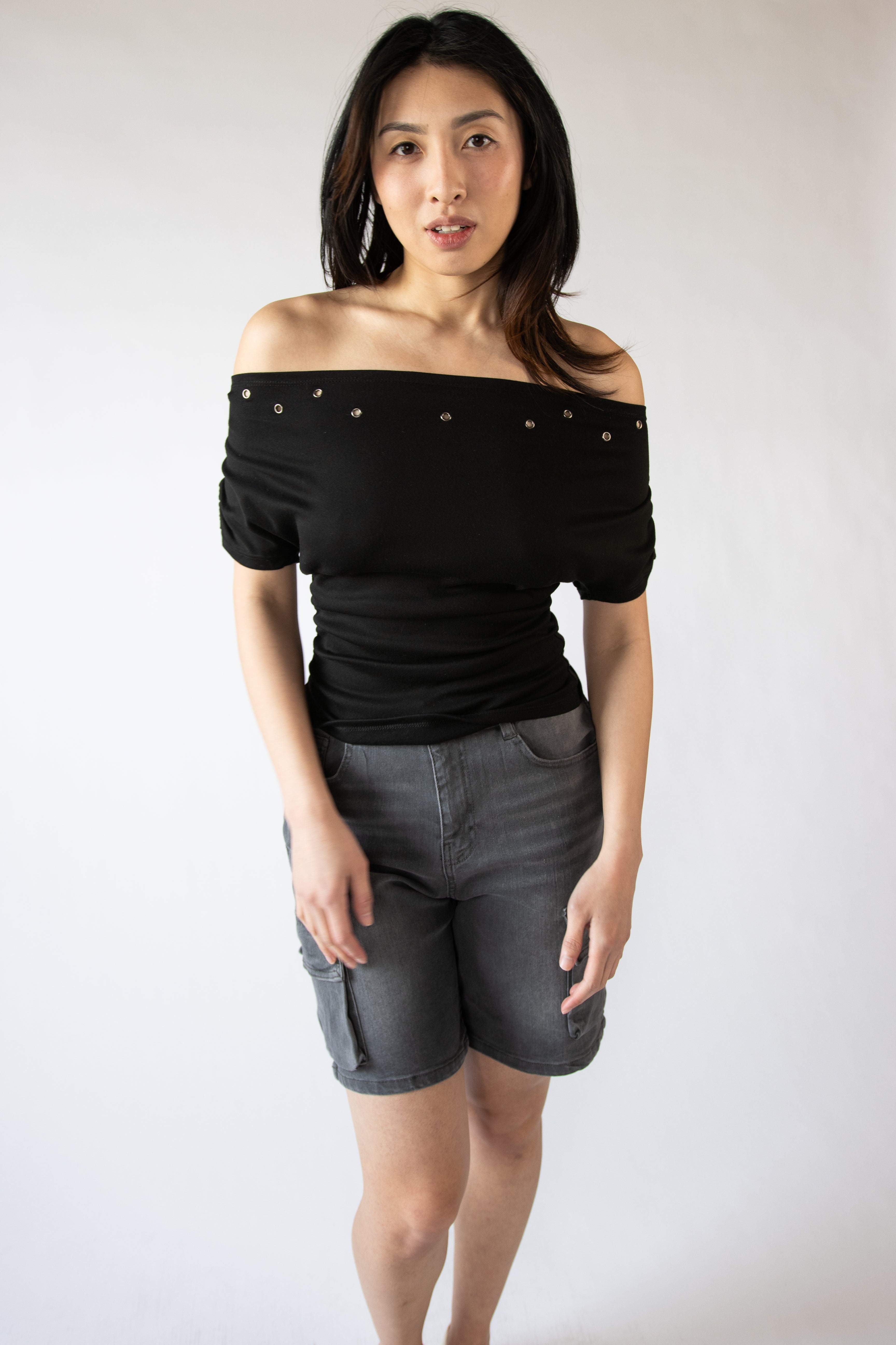 Off The Shoulder Ruched Grommet Top