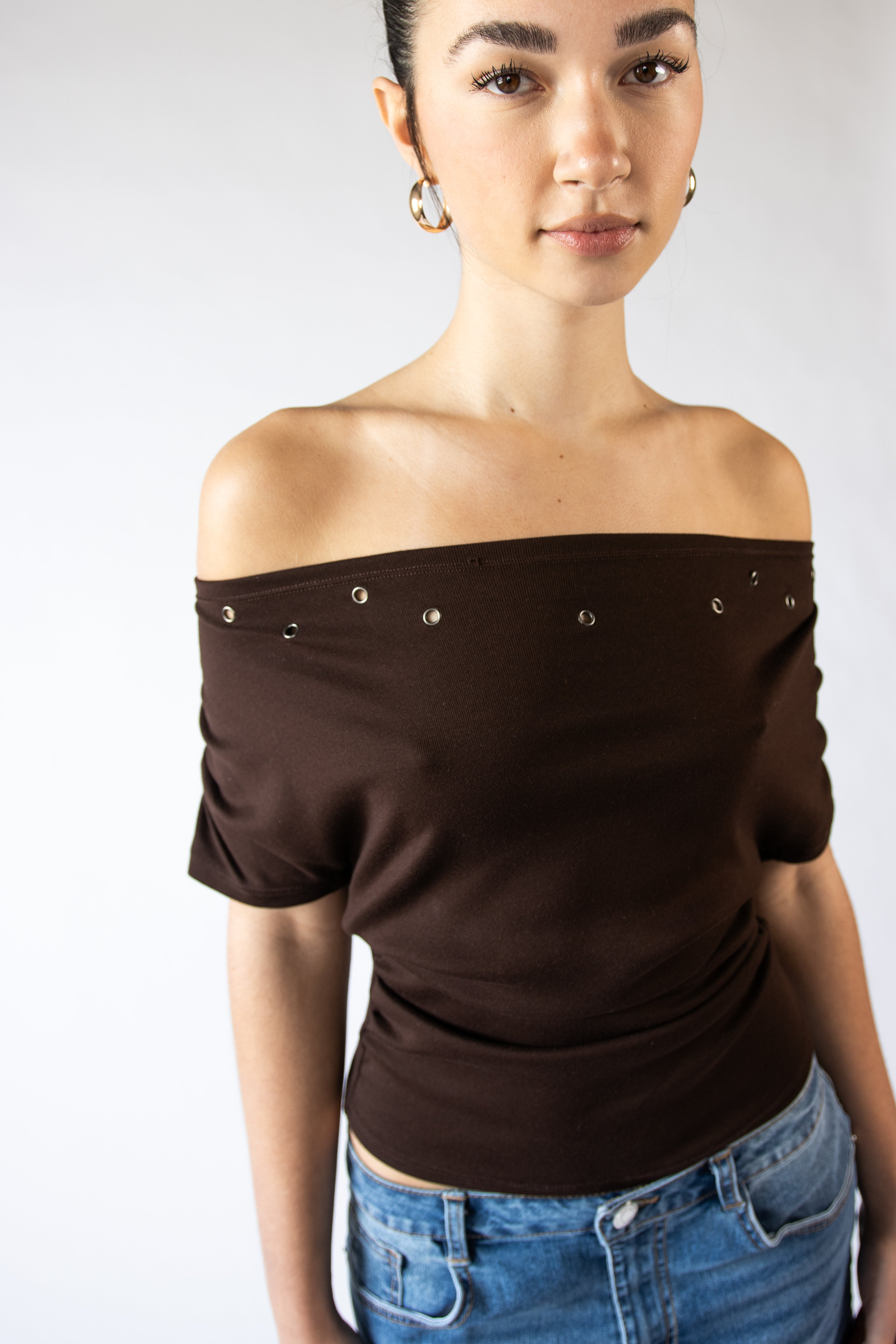 Off The Shoulder Ruched Grommet Top