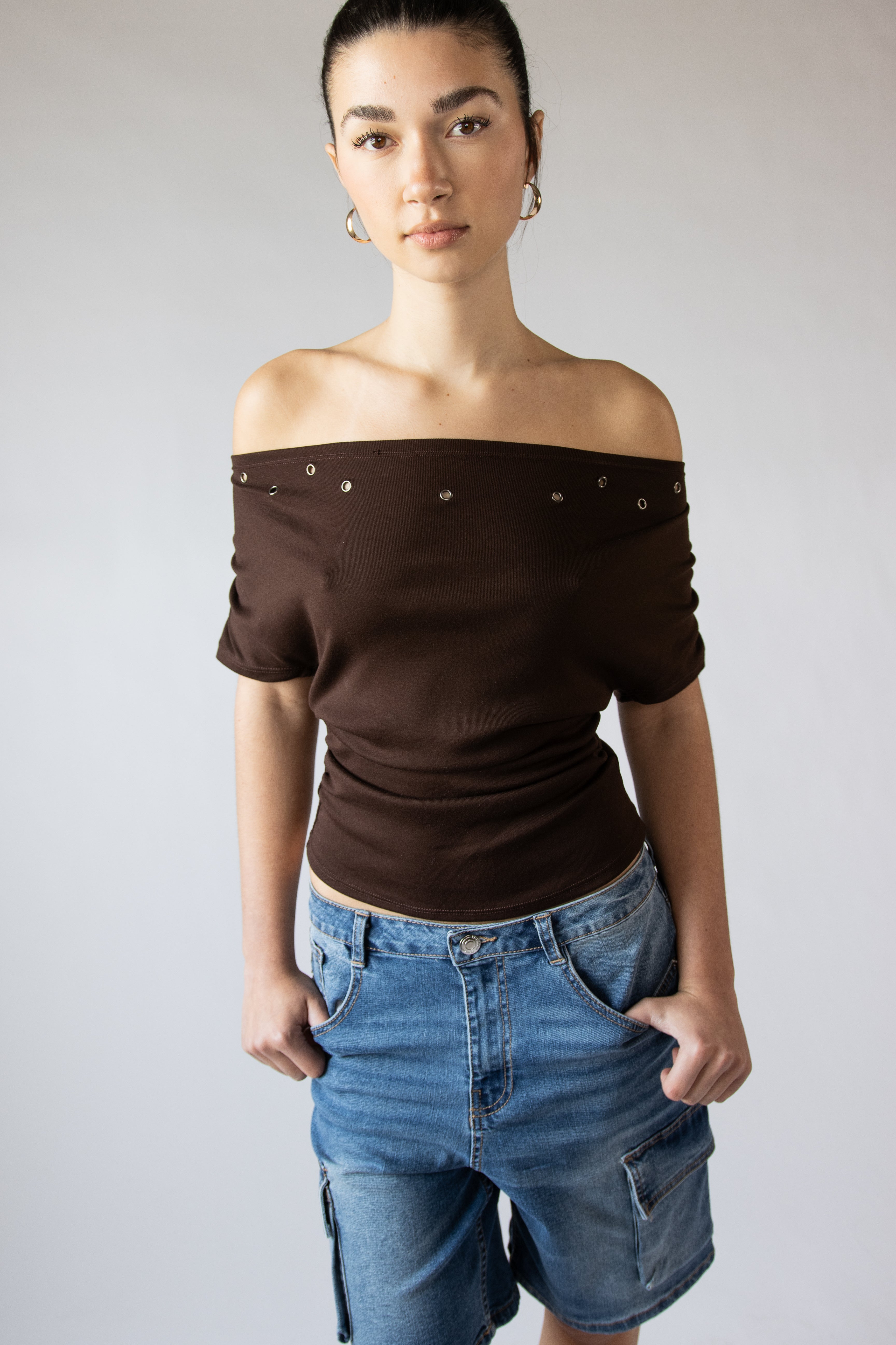 Off The Shoulder Ruched Grommet Top