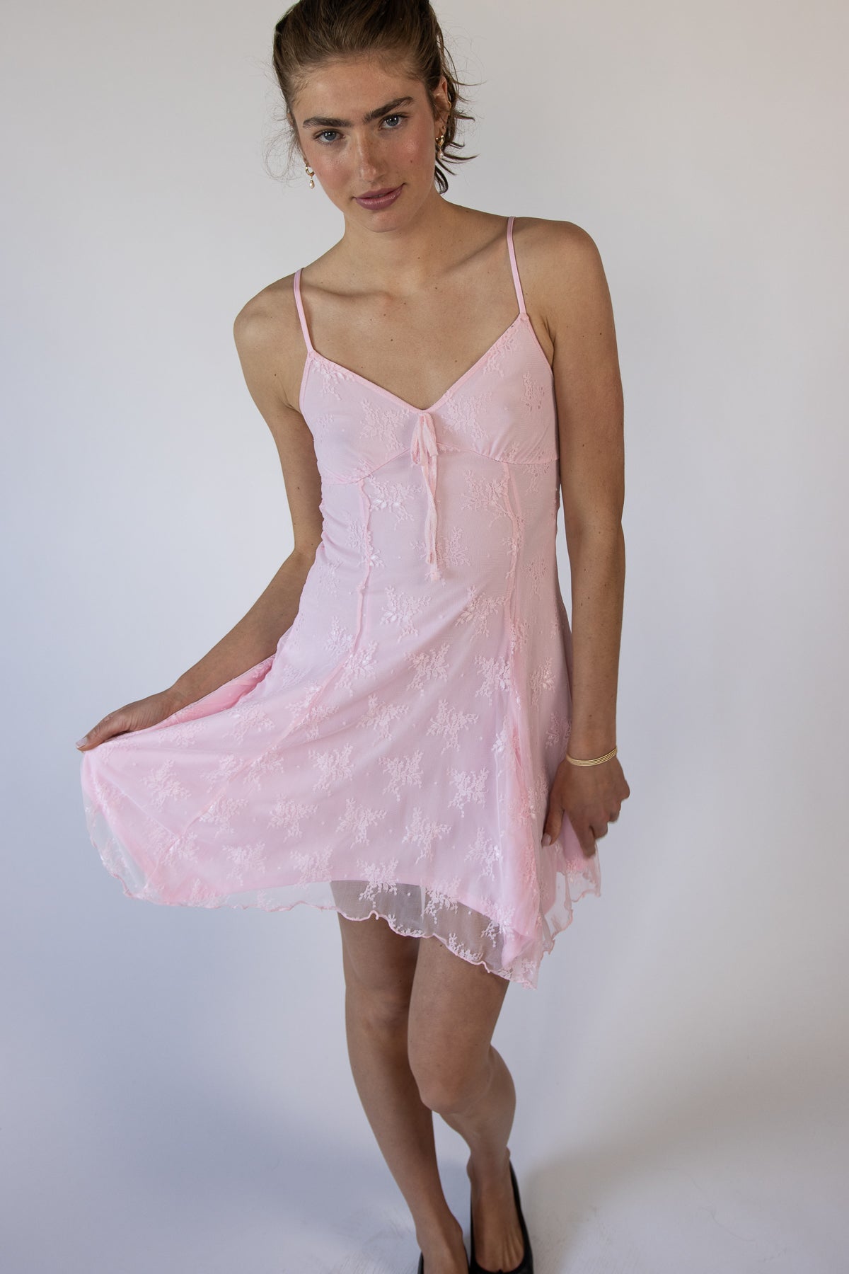 Floral Mesh Lace Hanky Hem Mini Dress