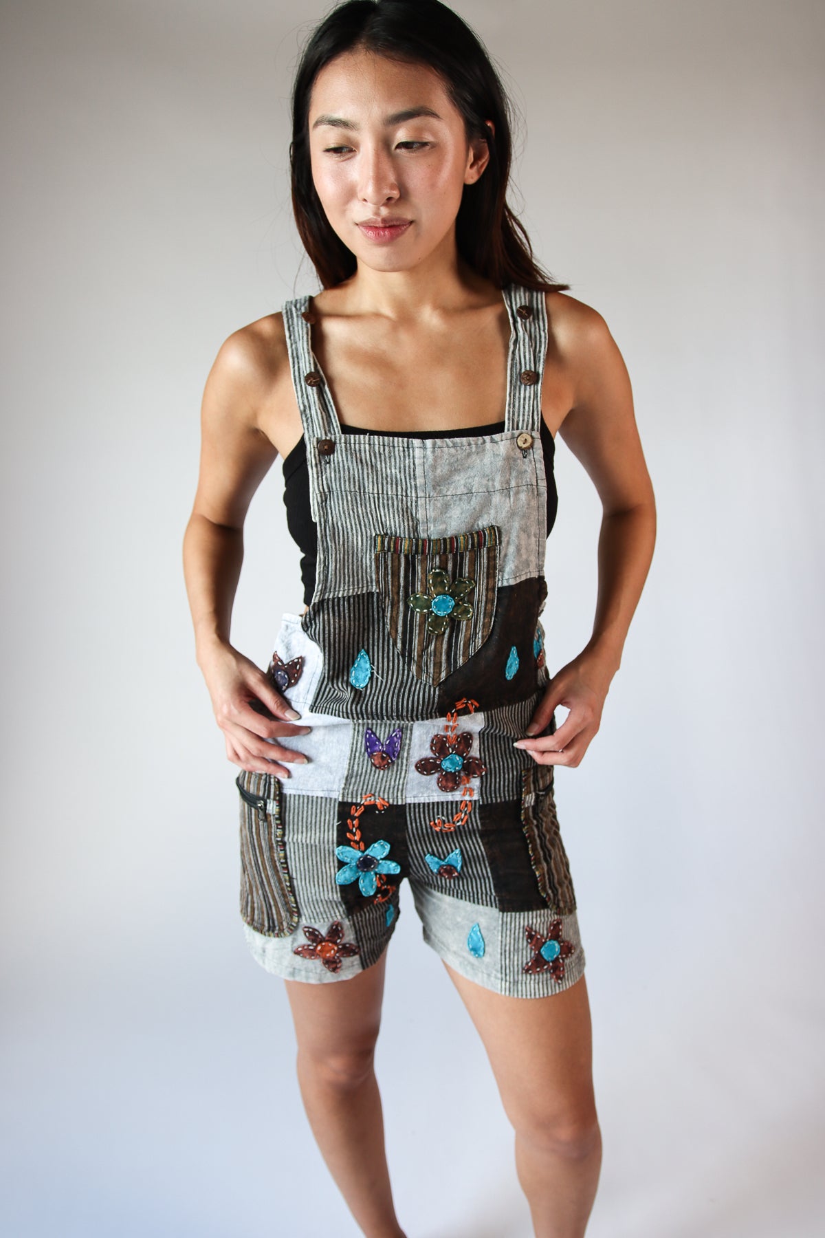 Floral Embroidered Patchwork Overall Shorts