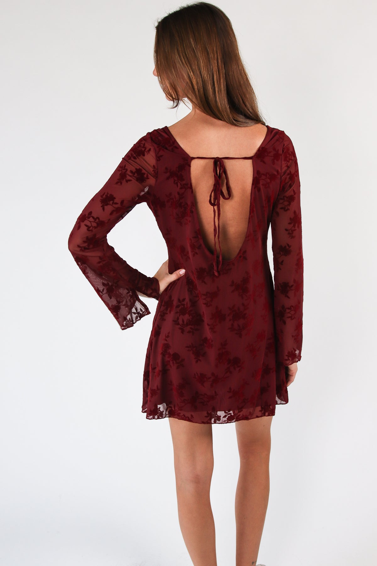 Floral Flocked Mesh Long Sleeve Mini Dress