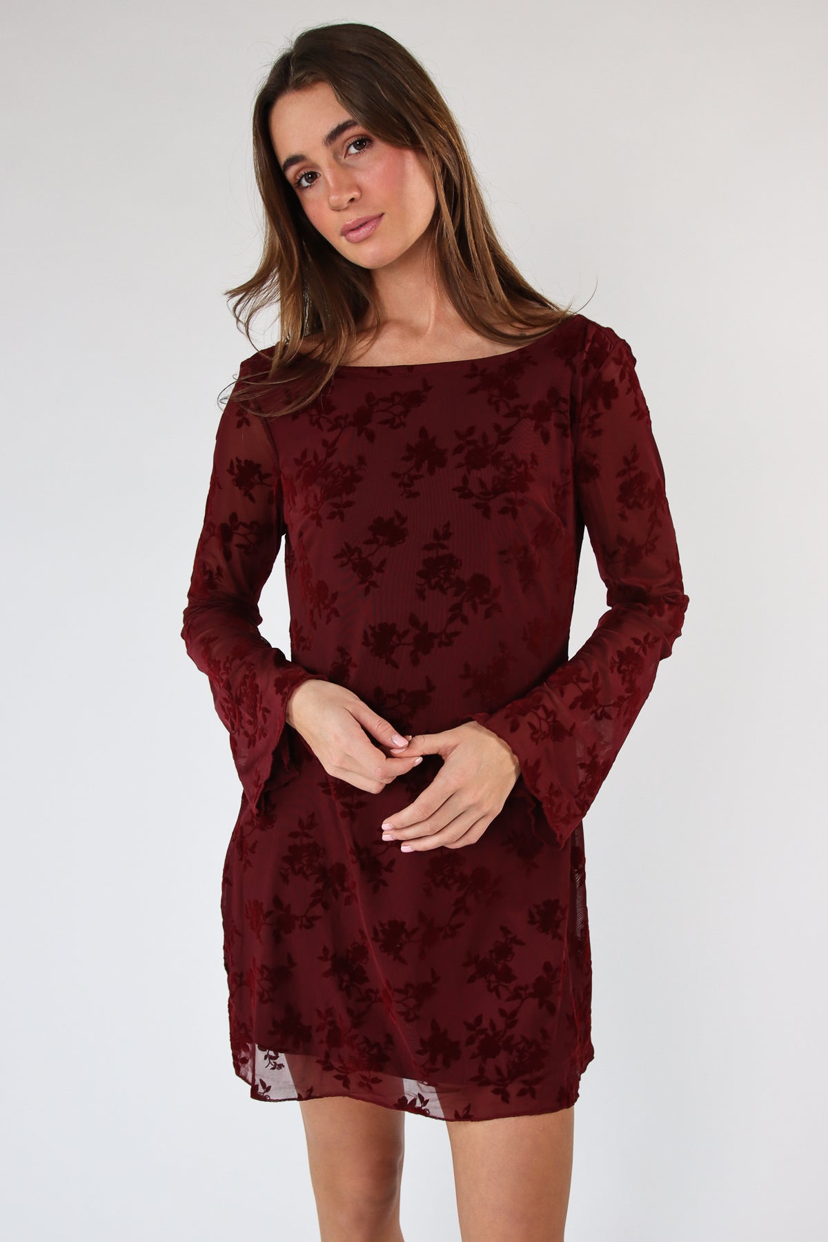 Floral Flocked Mesh Long Sleeve Mini Dress
