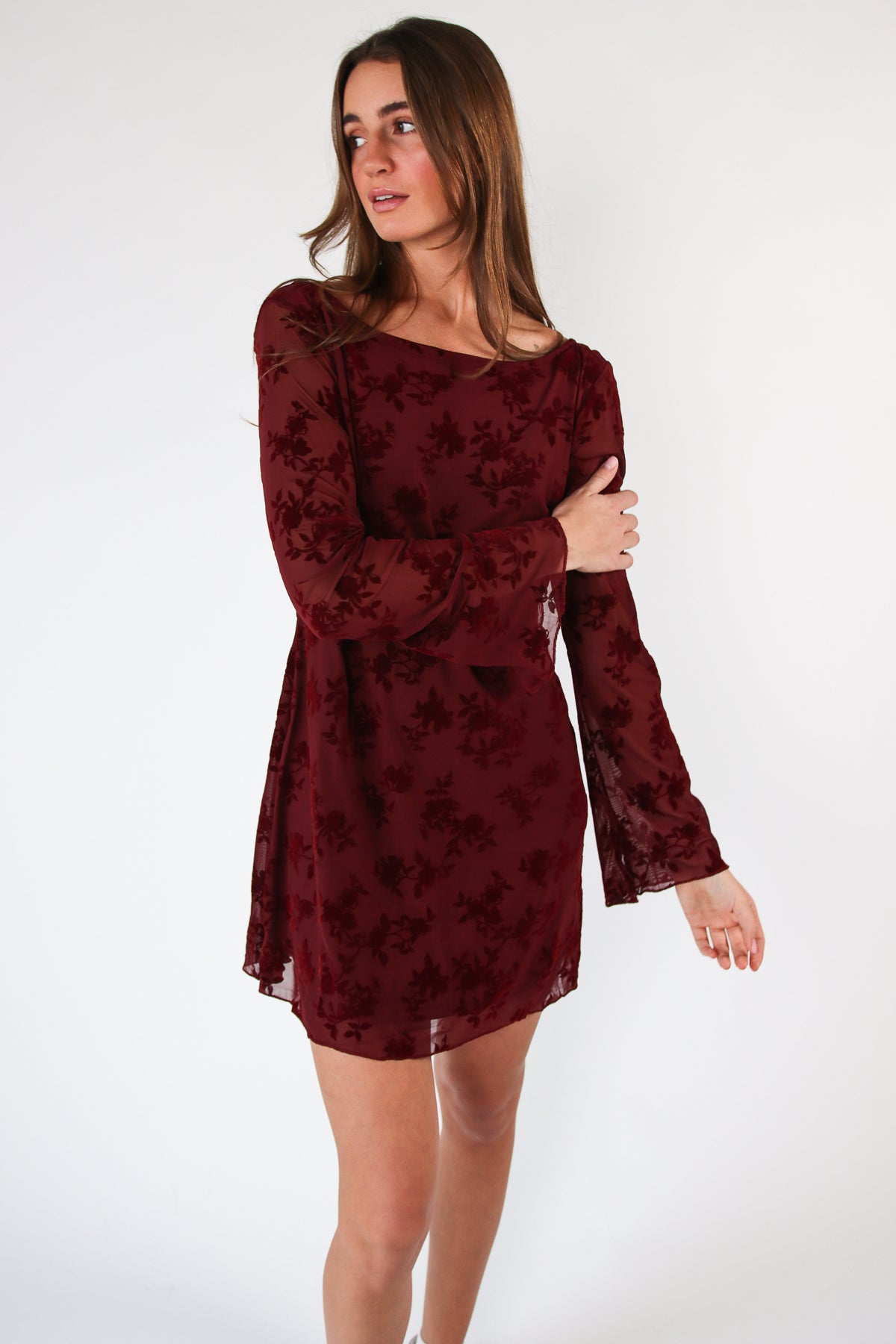 Floral Flocked Mesh Long Sleeve Mini Dress