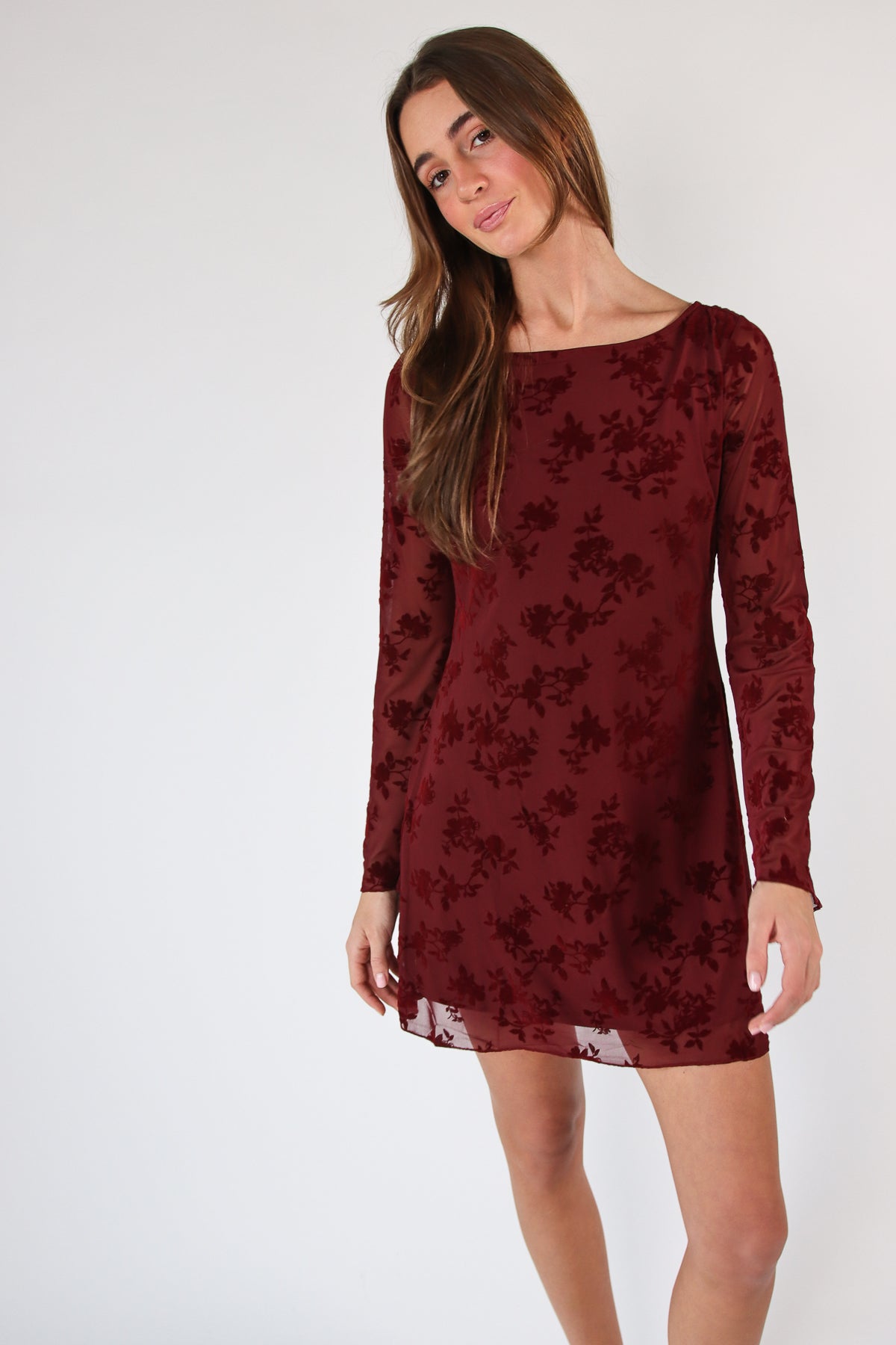Floral Flocked Mesh Long Sleeve Mini Dress