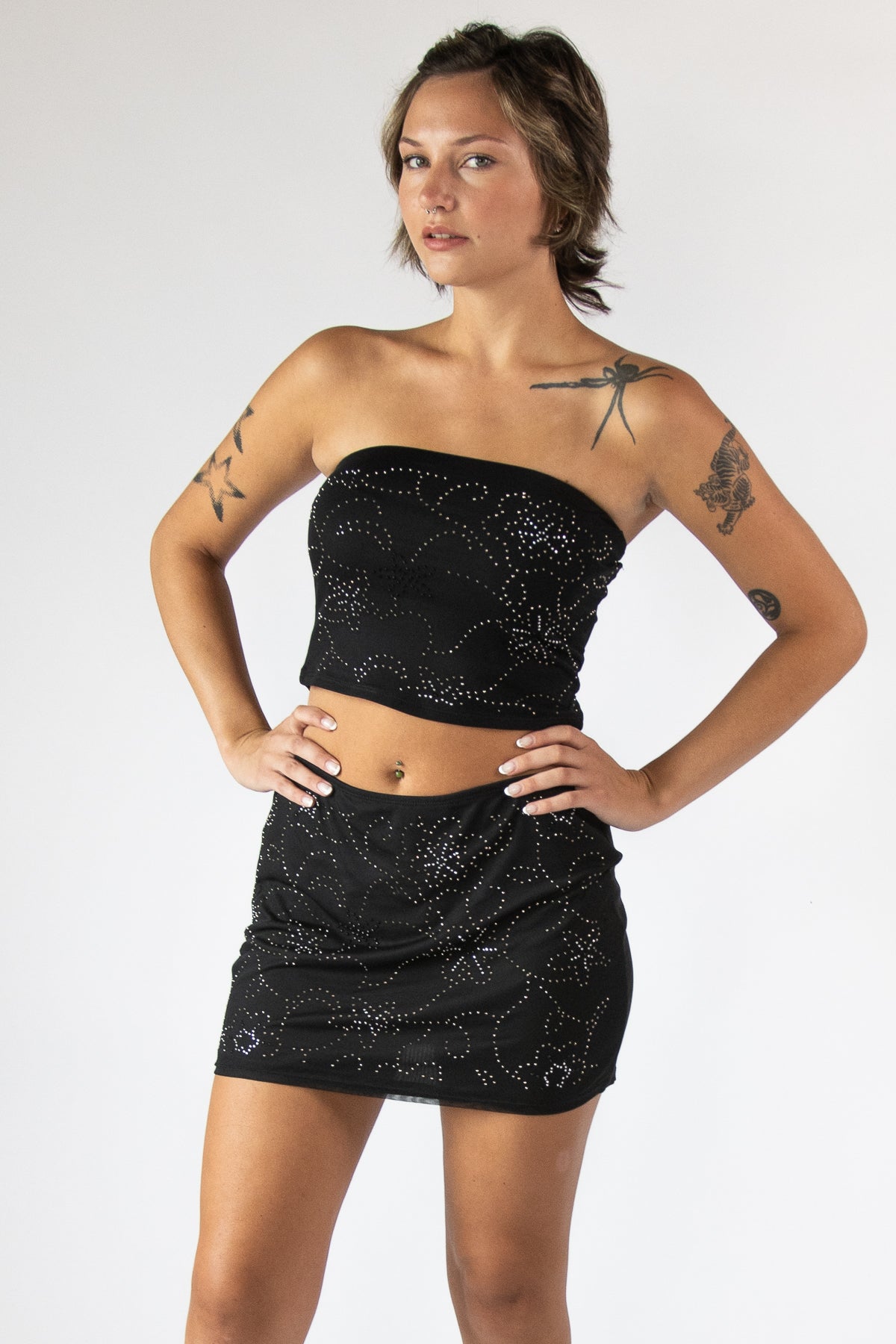 Floral Rhinestone Mini Skirt
