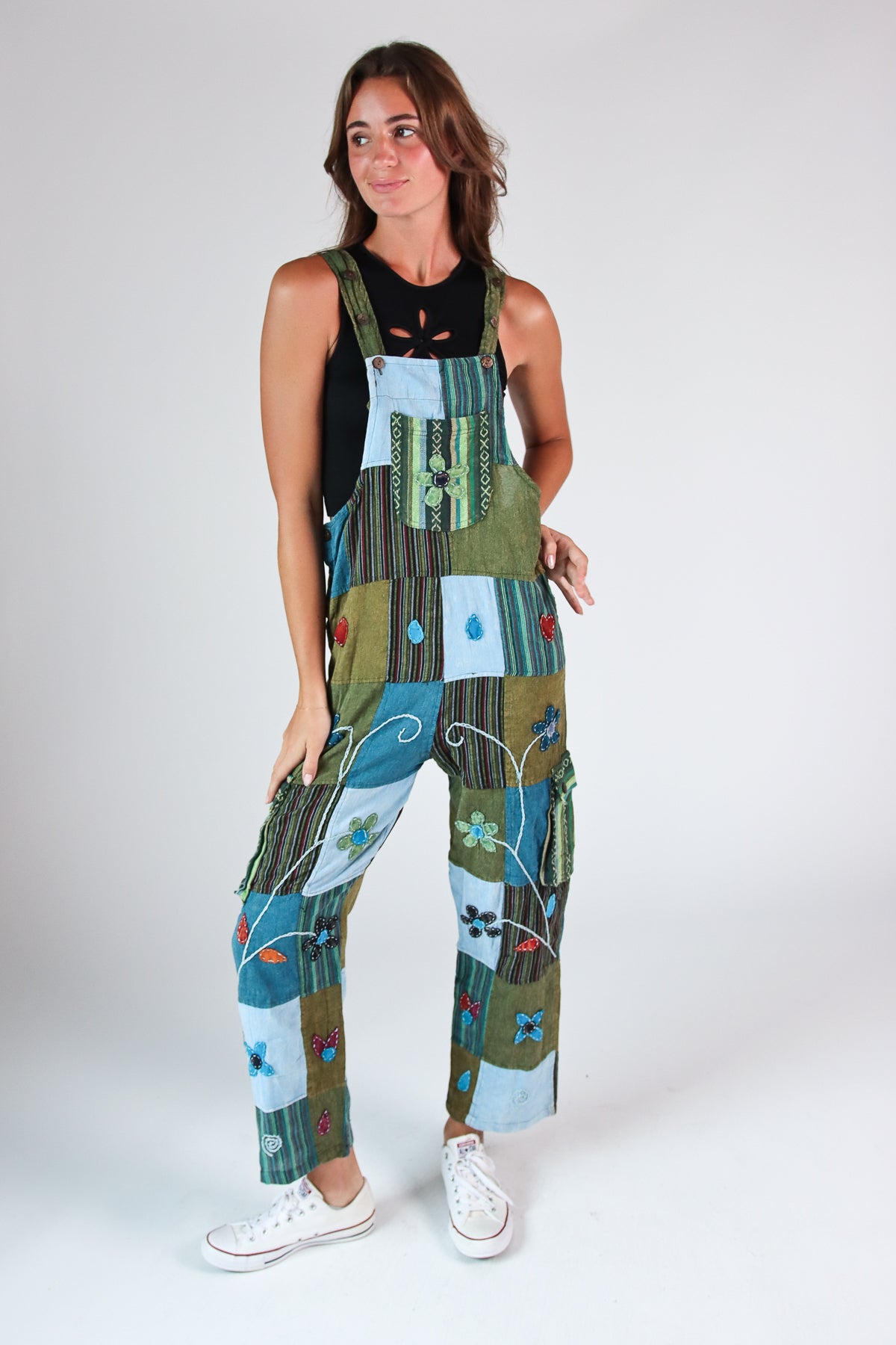 Floral Embroidered Patchwork Overalls