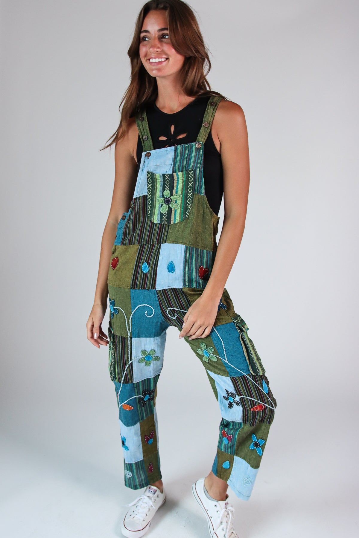 Floral Embroidered Patchwork Overalls