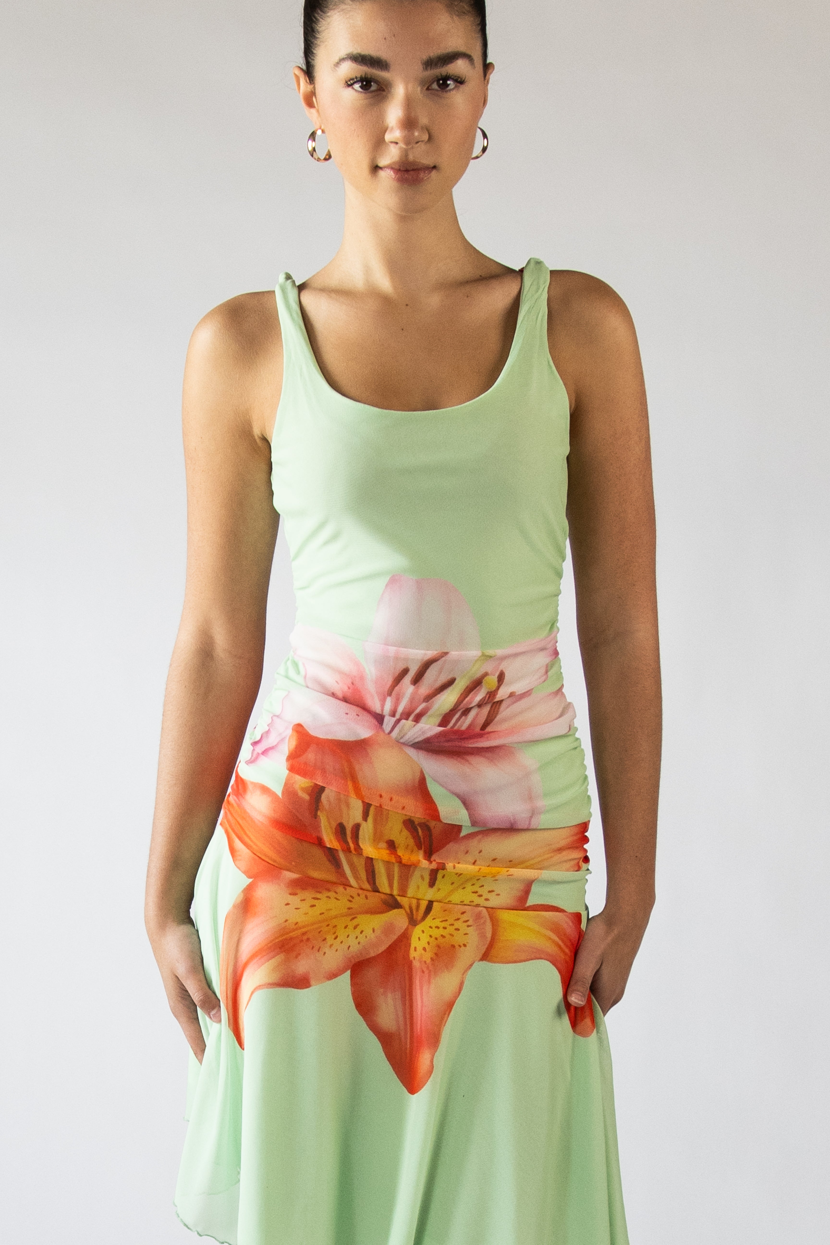 Flower Mesh Hanky Hem Midi Dress