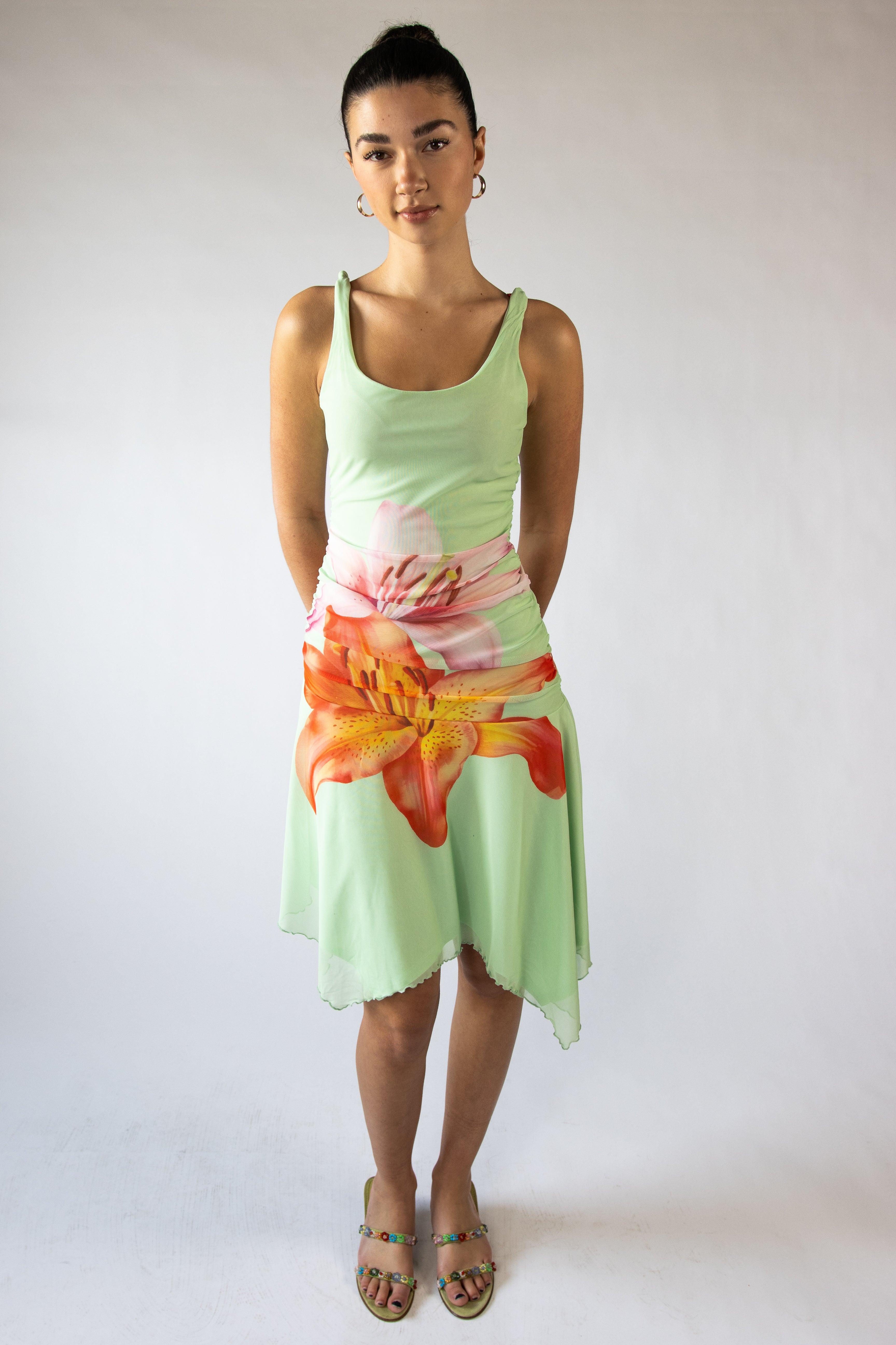 Flower Mesh Hanky Hem Midi Dress