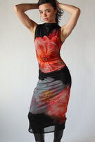 Flower Mock Neck Mesh Maxi Dress