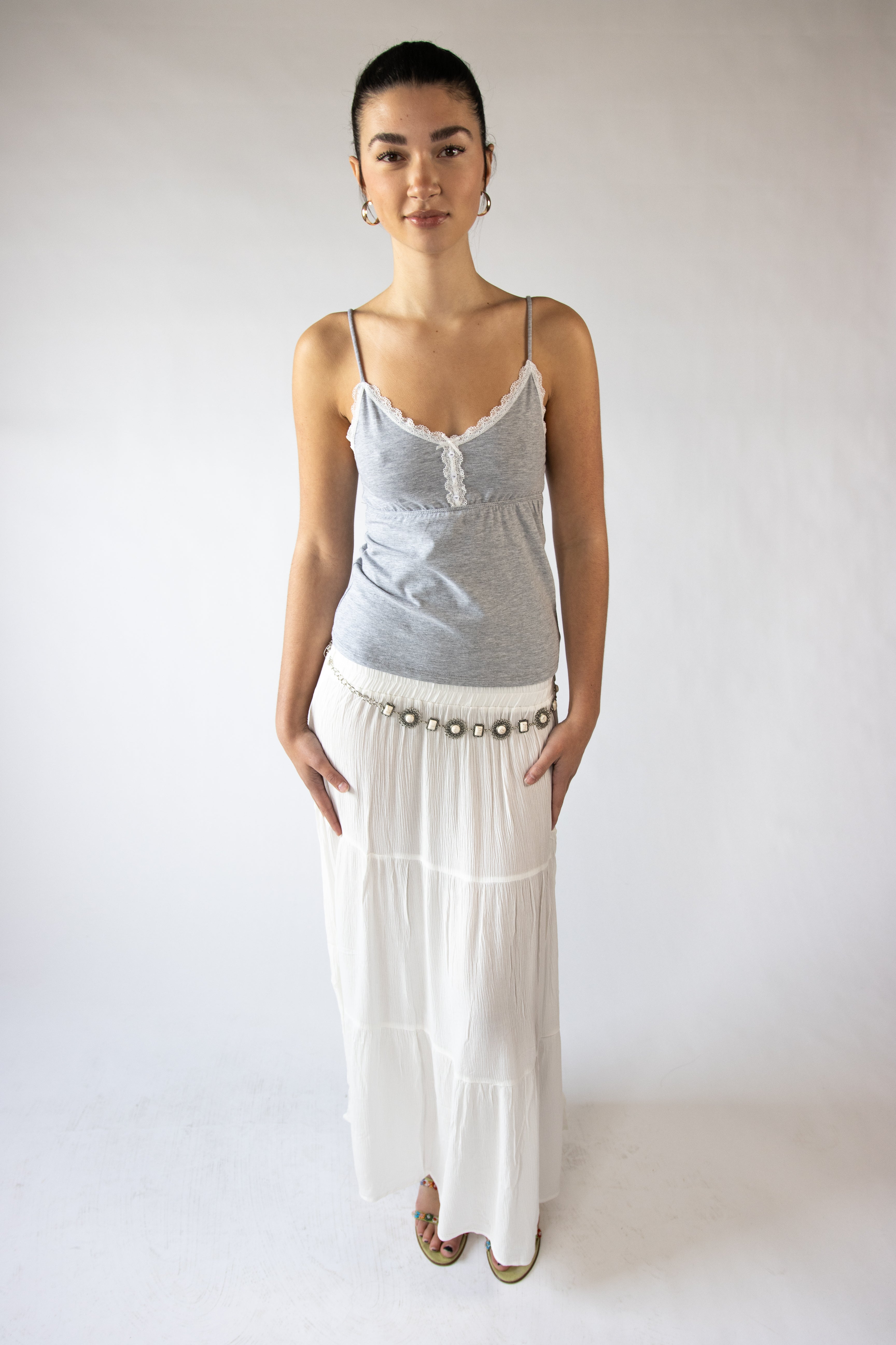 Stone Chain Belt Gauze Maxi Skirt