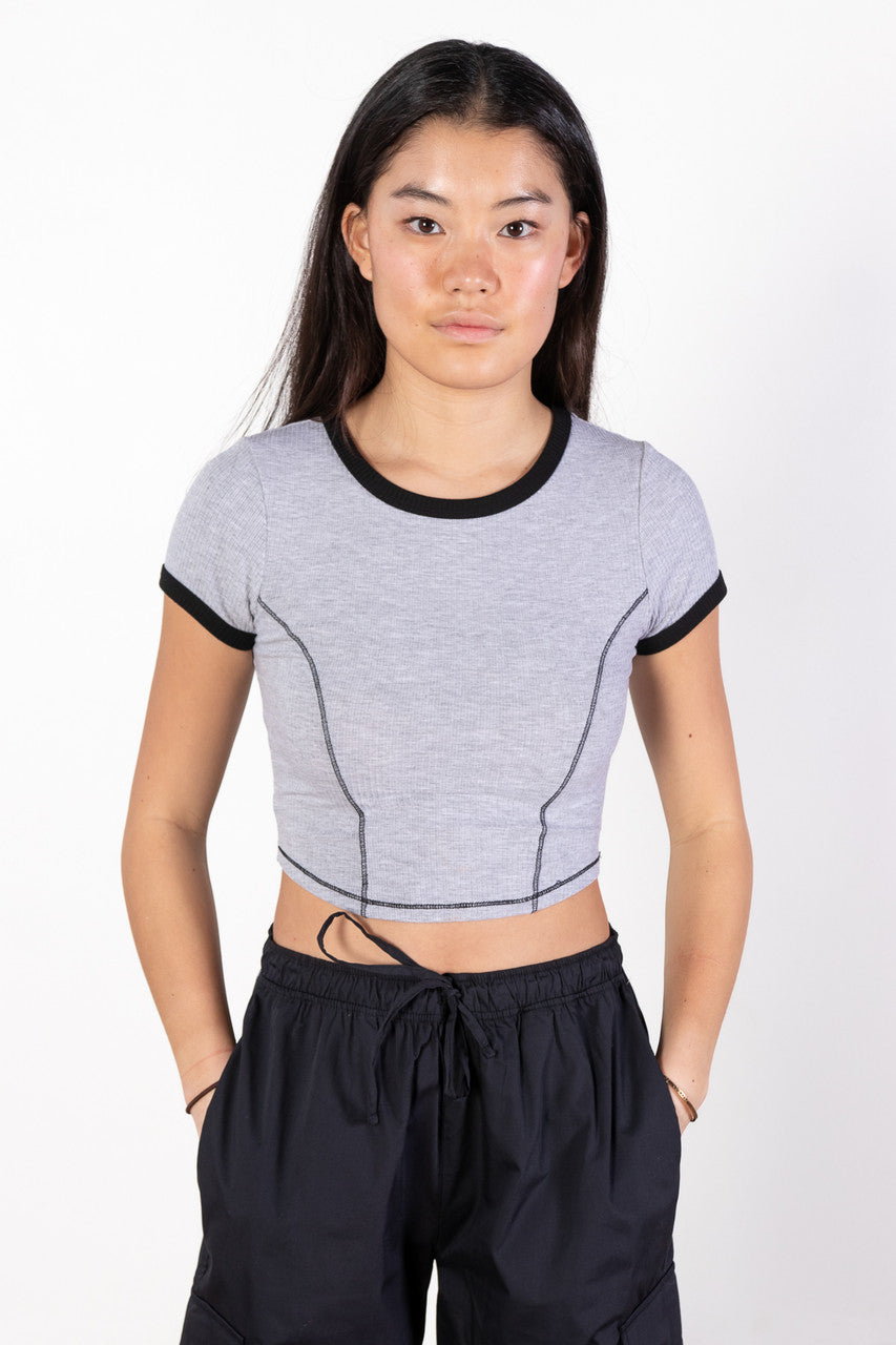 Gray Ribbed Contrast Seams Ringer Tee