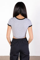 Gray Ribbed Contrast Seams Ringer Tee