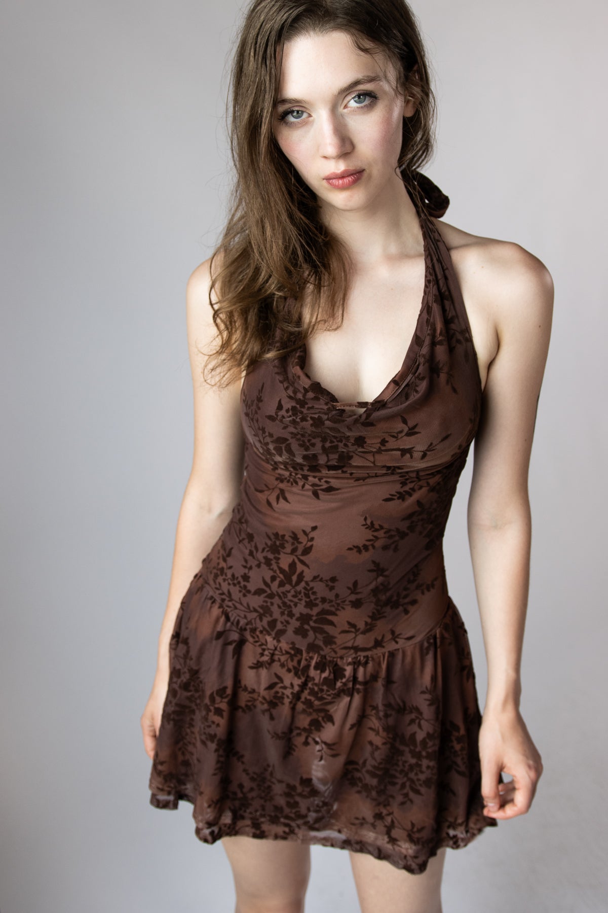 Halter Cowl Mesh Mini Dress