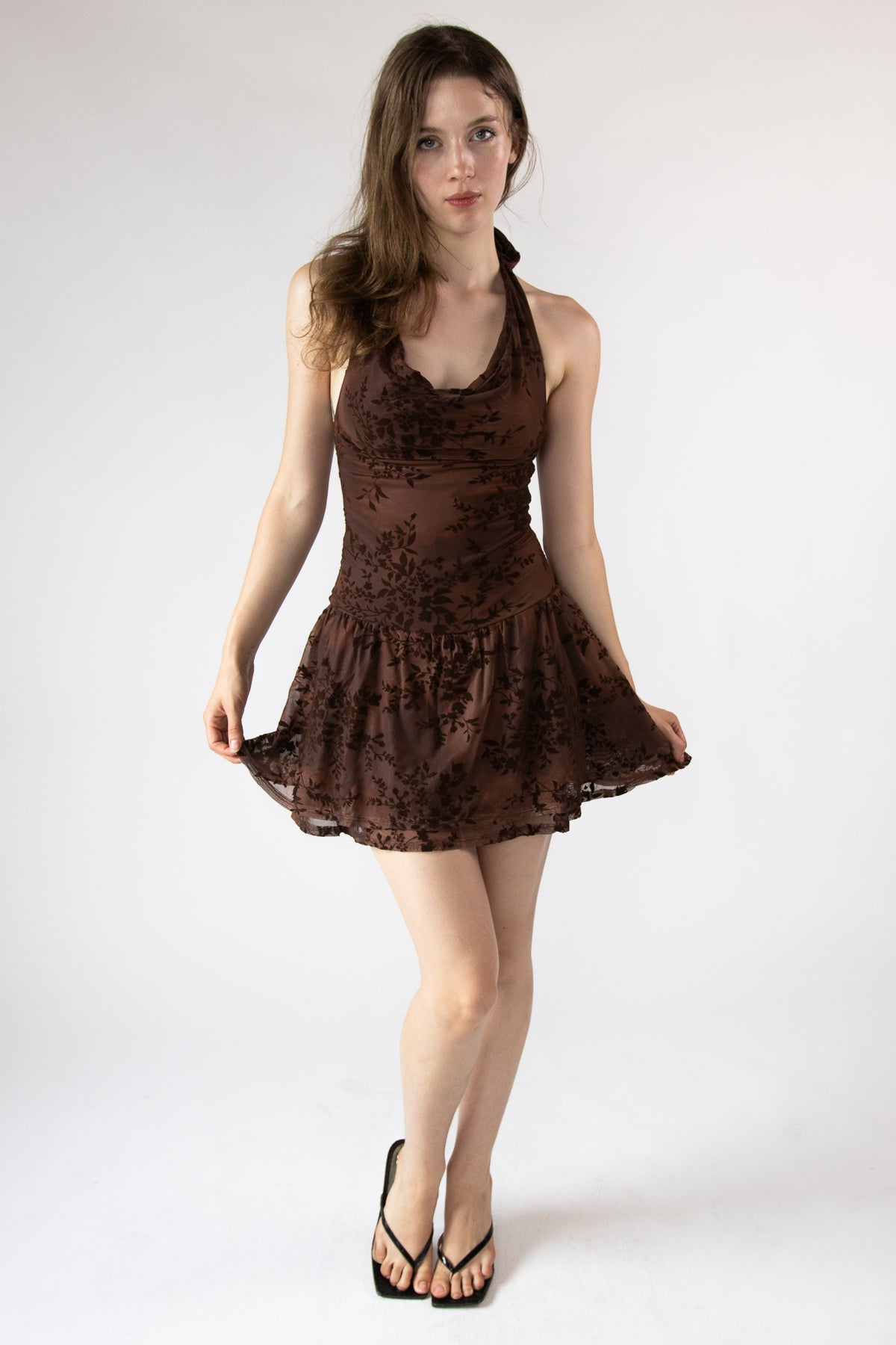 Halter Cowl Mesh Mini Dress