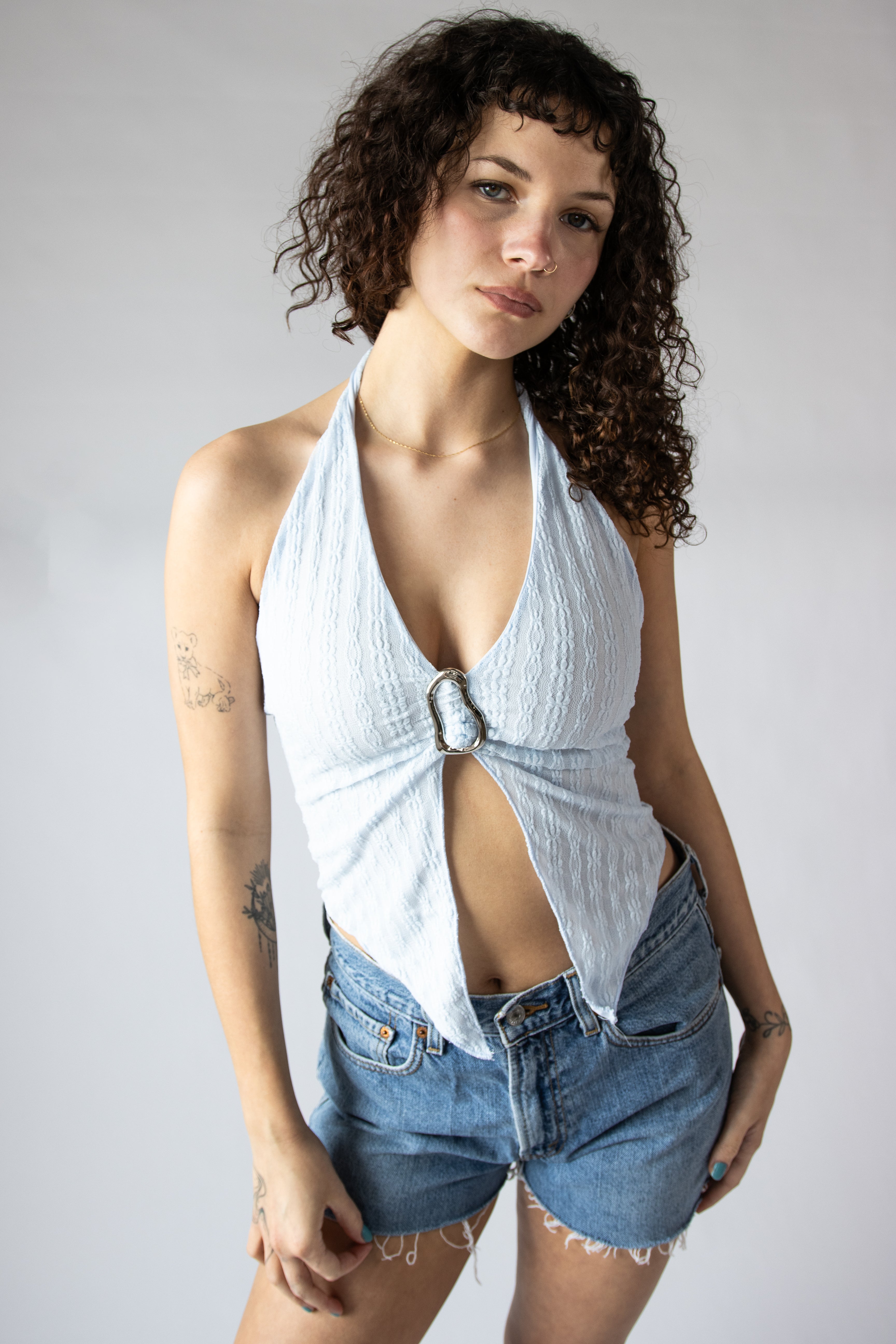 Lace Mesh Buckle Halter Top