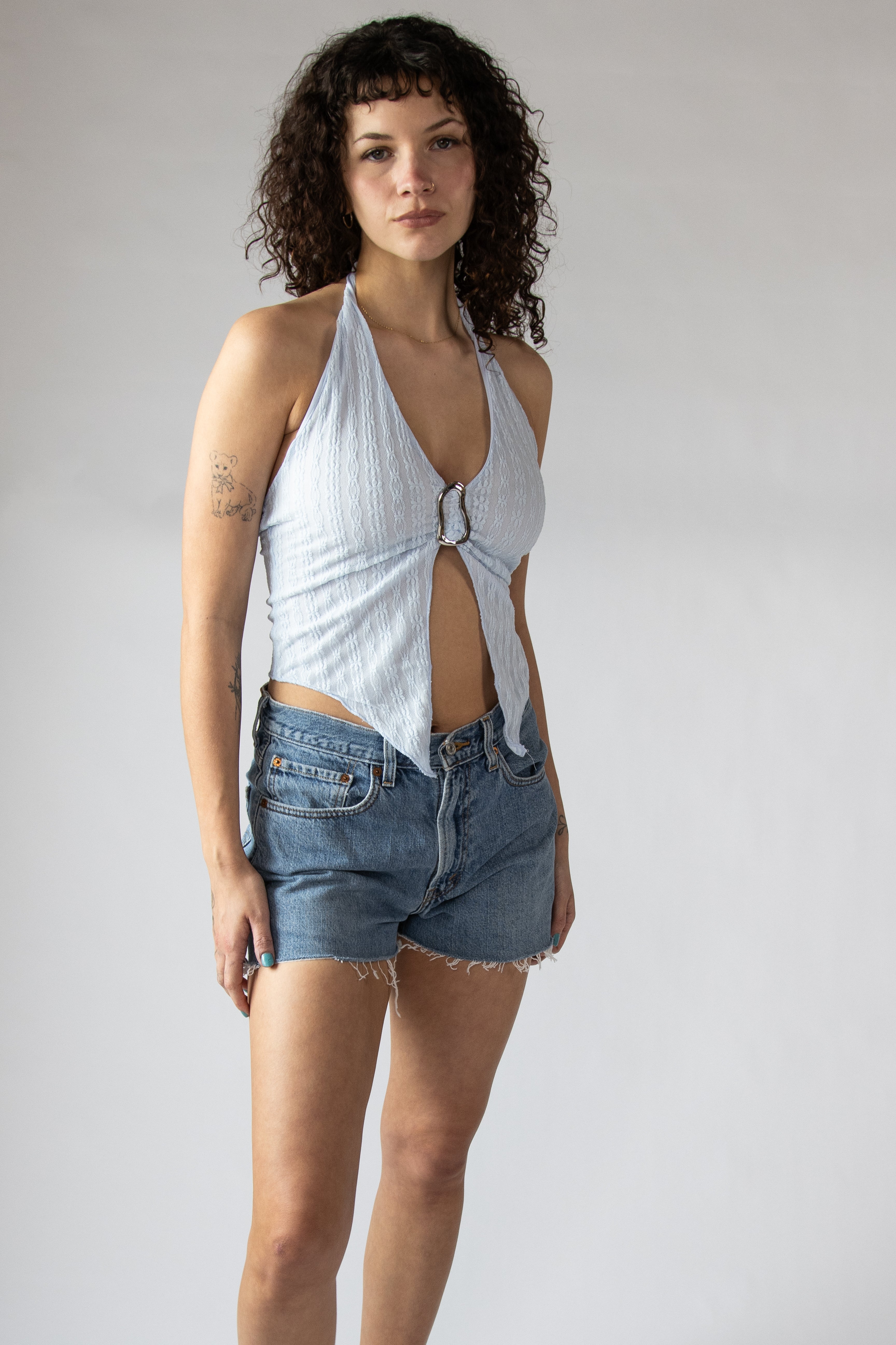 Lace Mesh Buckle Halter Top