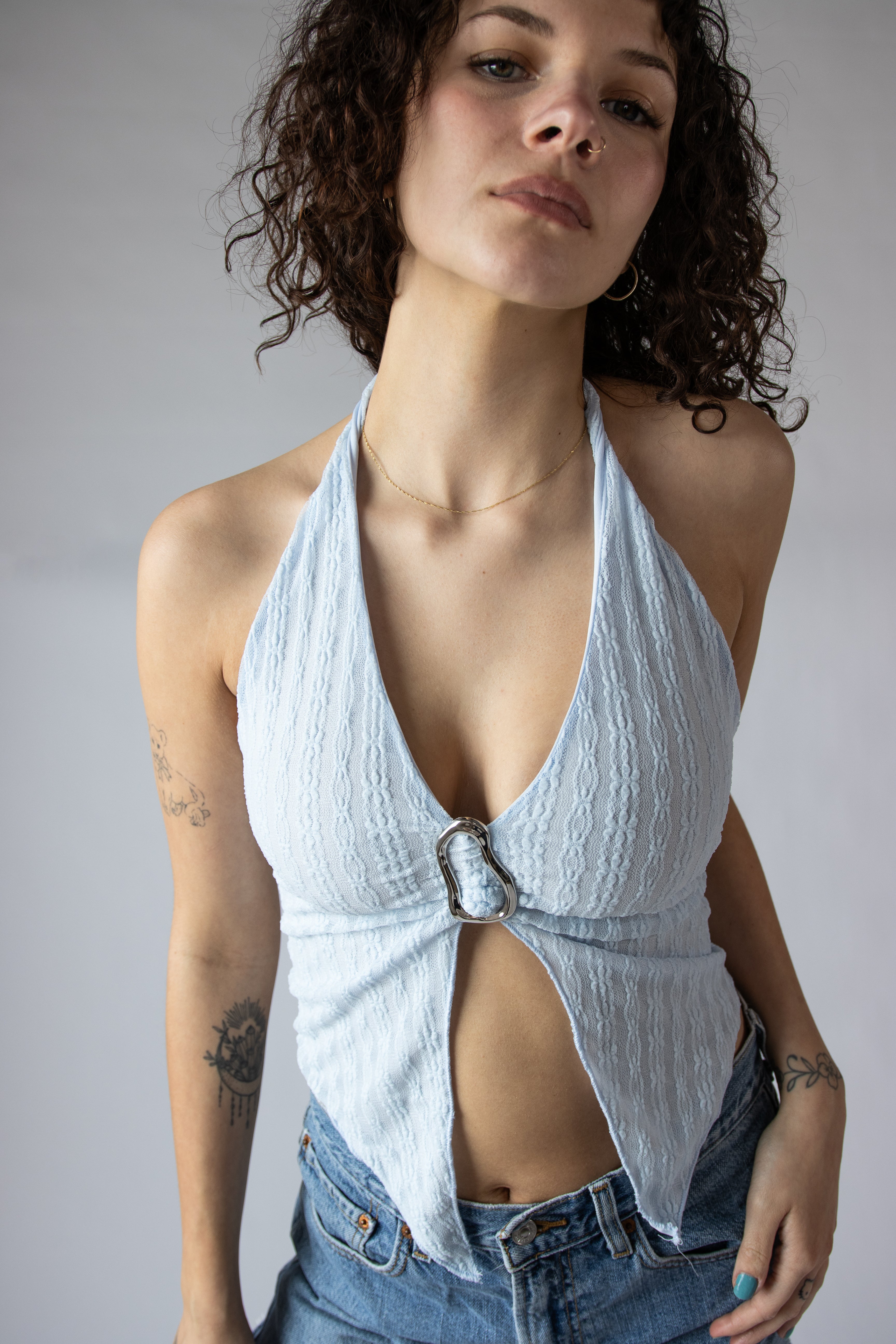 Lace Mesh Buckle Halter Top