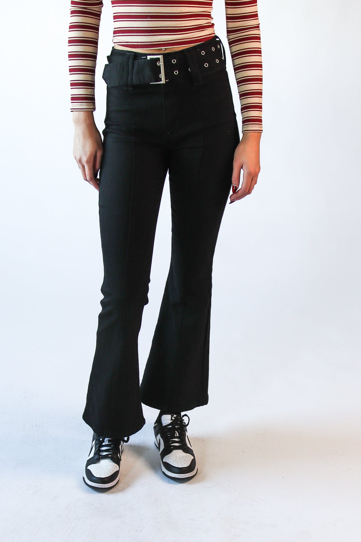 High Rise Belted Flare Jean Black