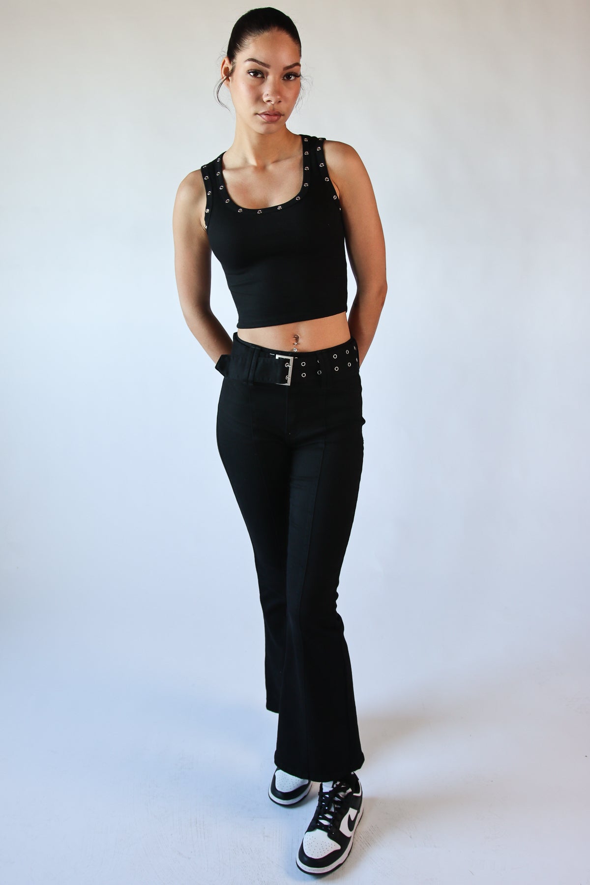High Rise Belted Flare Jean Black