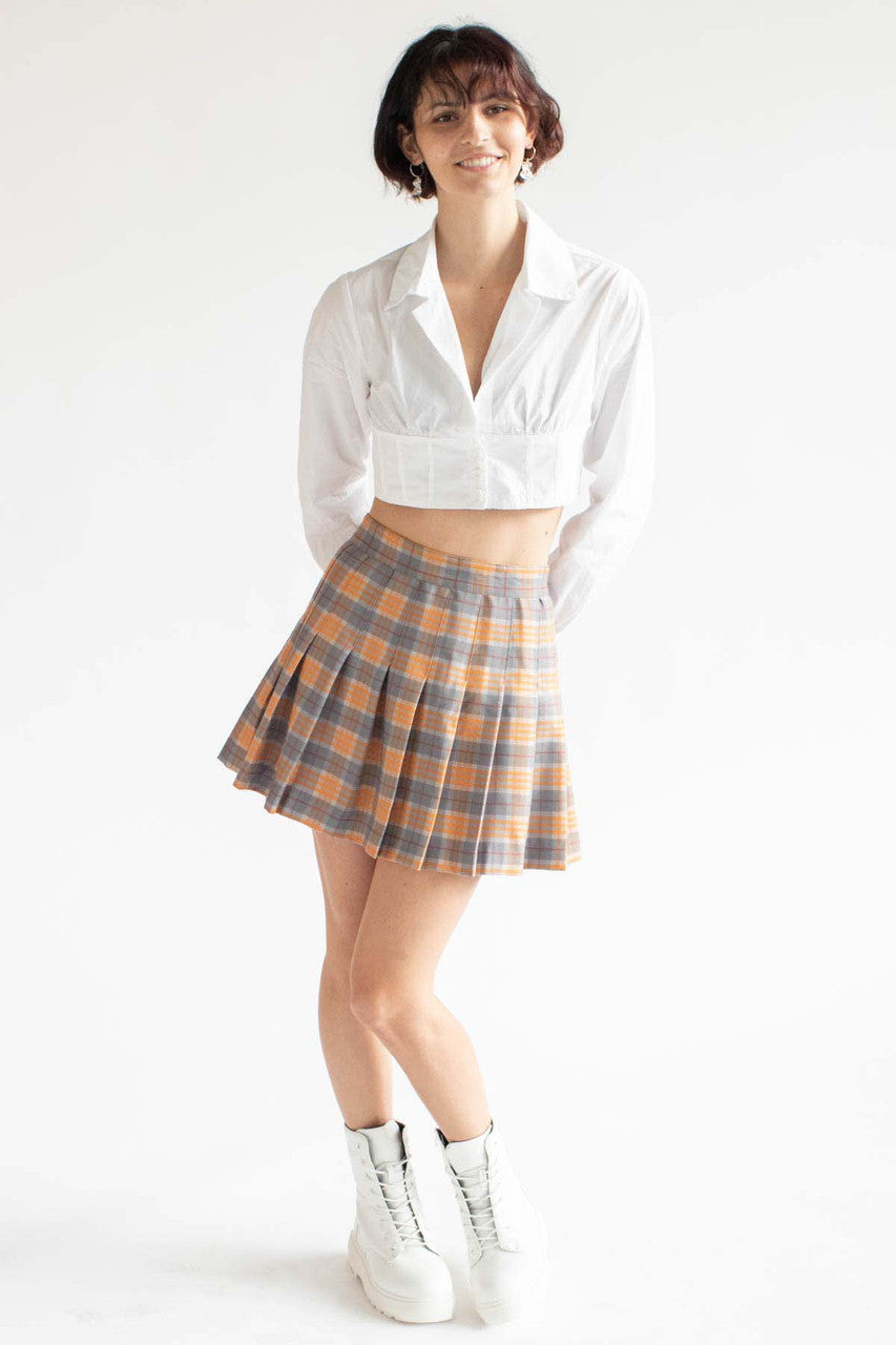 Pumpkin Plaid Stretch Pleated Skirt