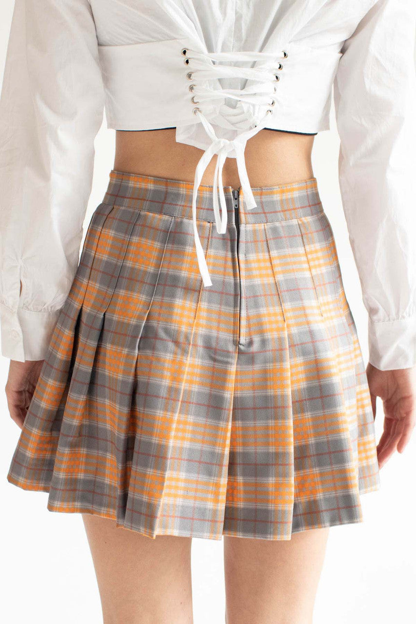 Pumpkin Plaid Stretch Pleated Skirt