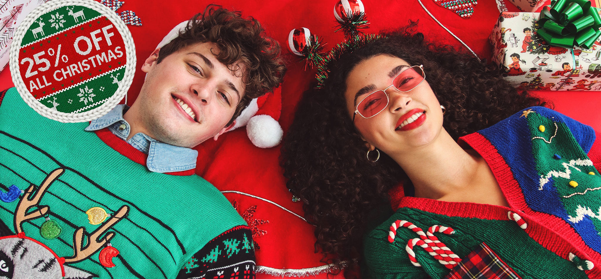models wearing new and vintage ugly christmas sweaters with 25% off all christmas message
