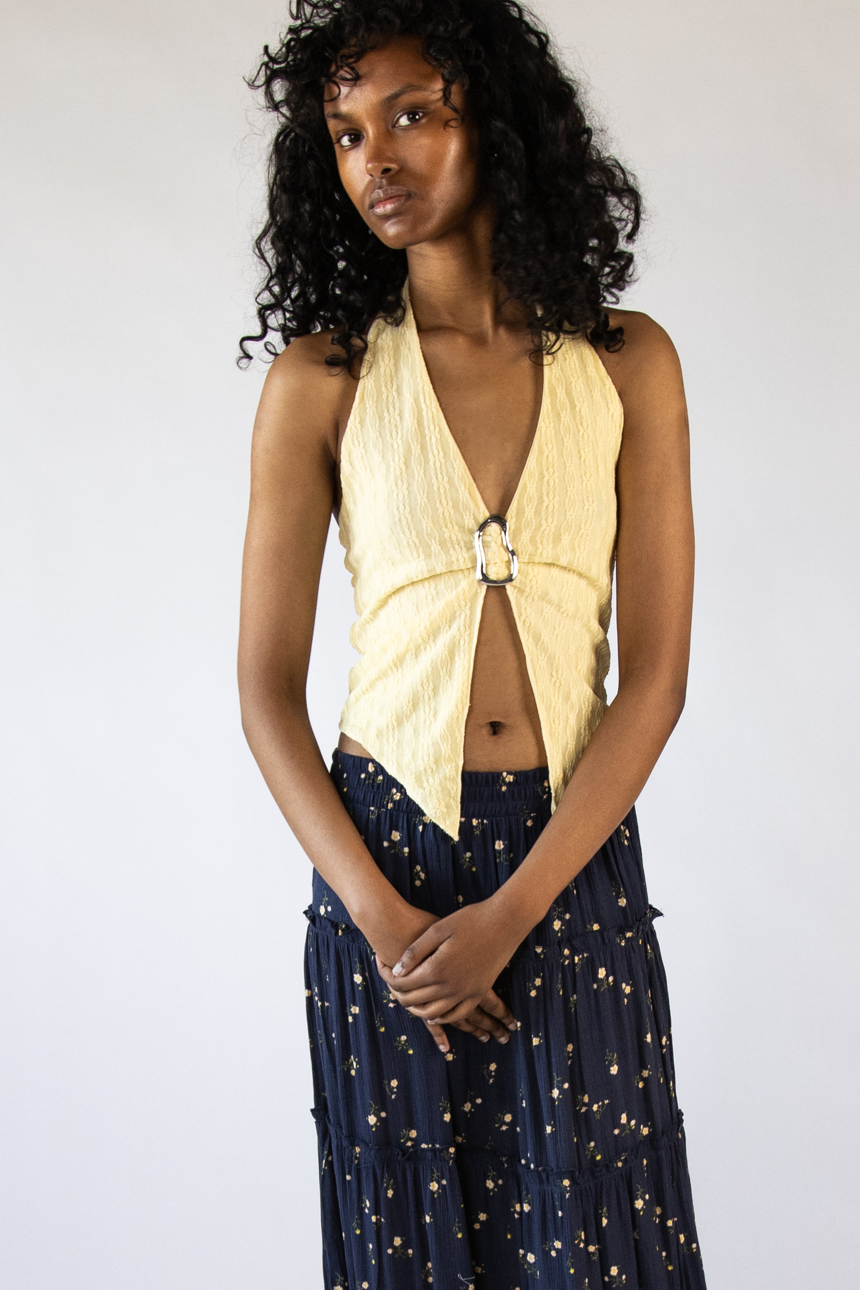 Lace Mesh Buckle Halter Top