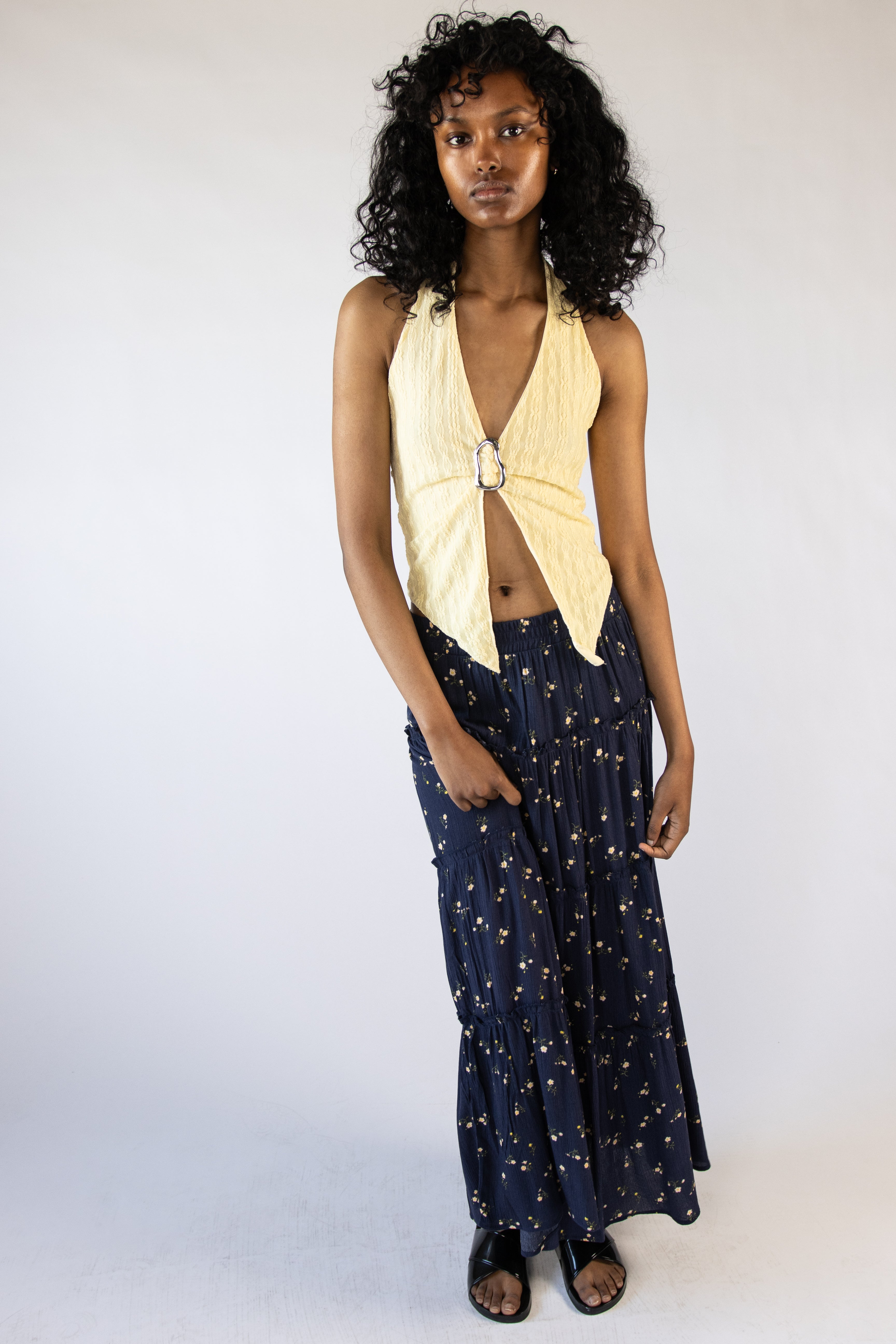 Lace Mesh Buckle Halter Top