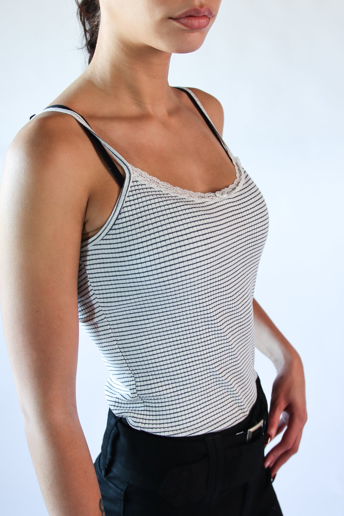 Lace Trim Striped Ribbed Cami