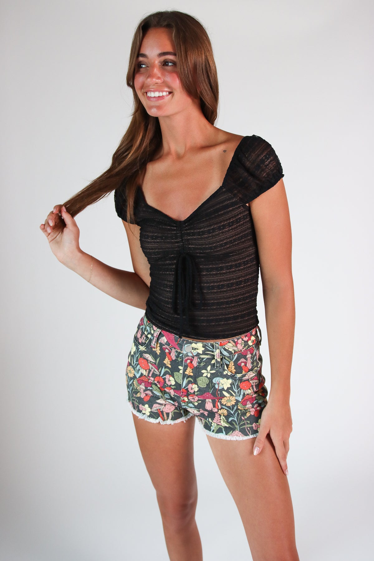 Layered Lace Drawstring Tie Top