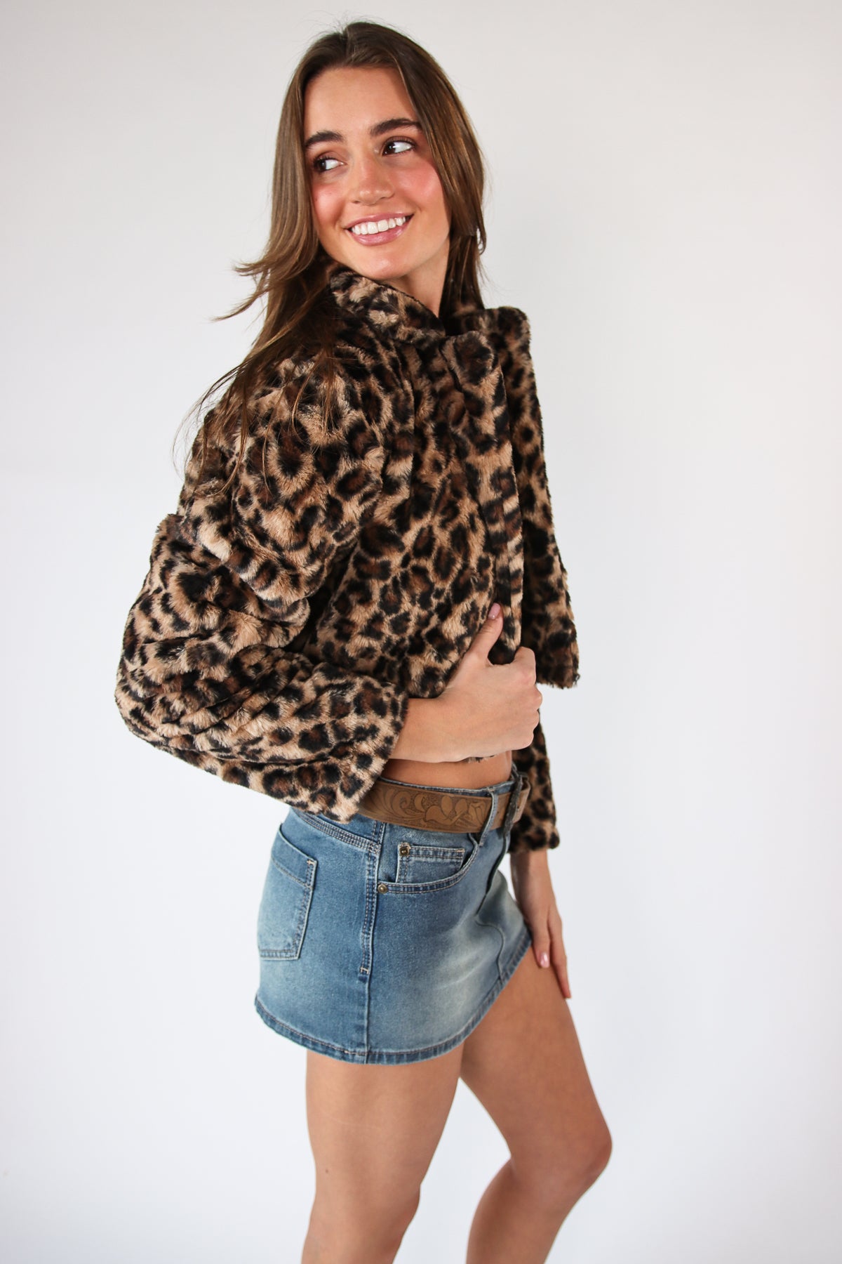 Leopard Print Faux Fur Crop Jacket