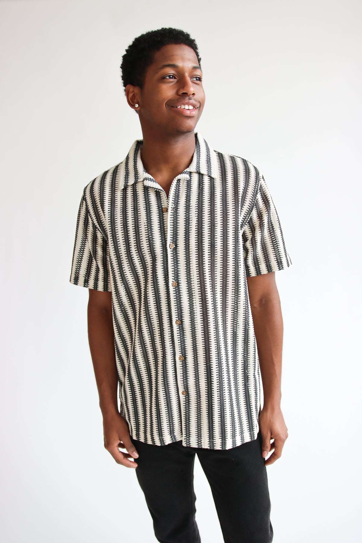 Lightweight Striped Open Knit Button Front Shirt