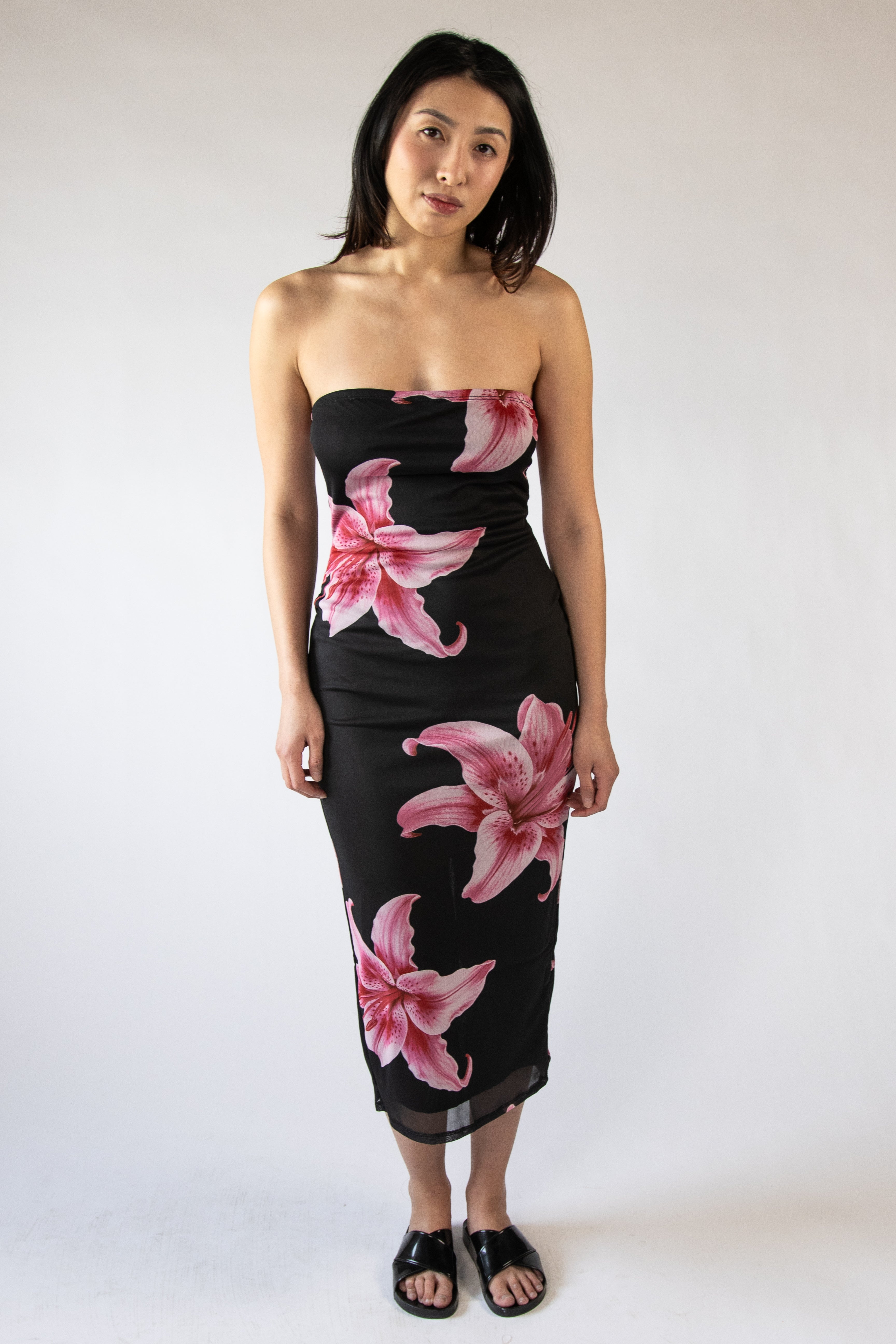 Pink Lillies Mesh Tube Midi Dress