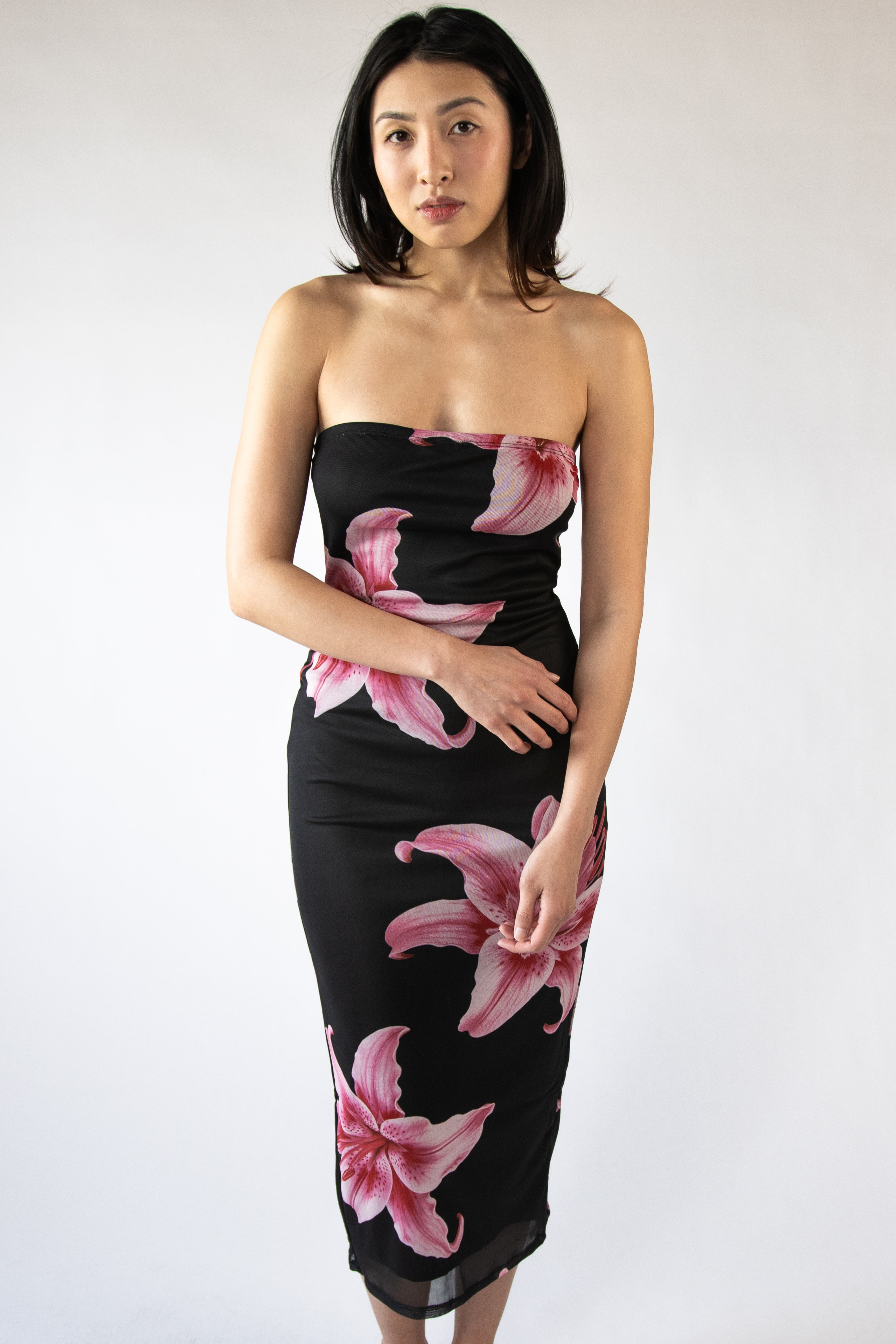 Pink Lillies Mesh Tube Midi Dress