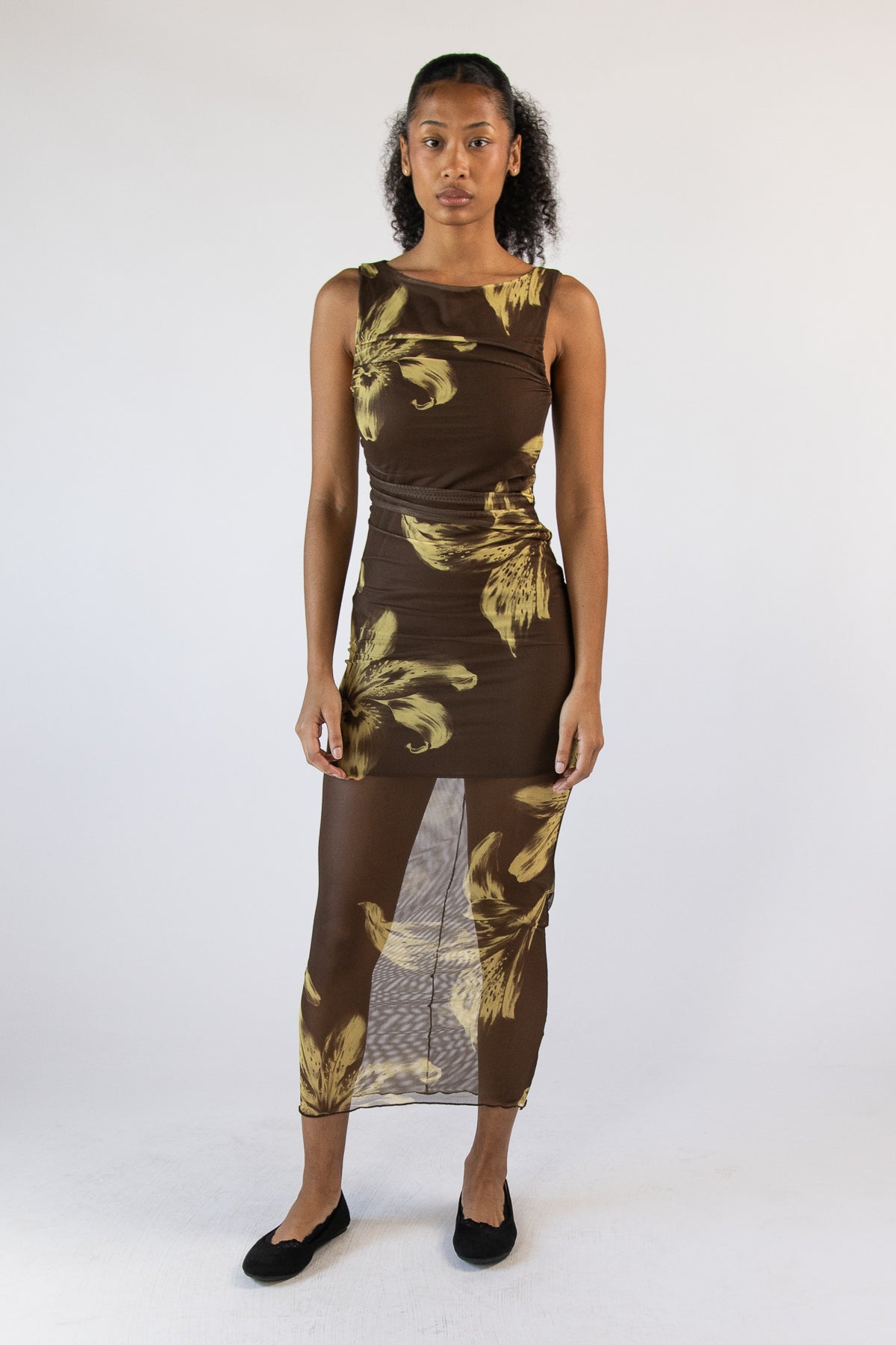 Lily Ruched Mesh Maxi Dress