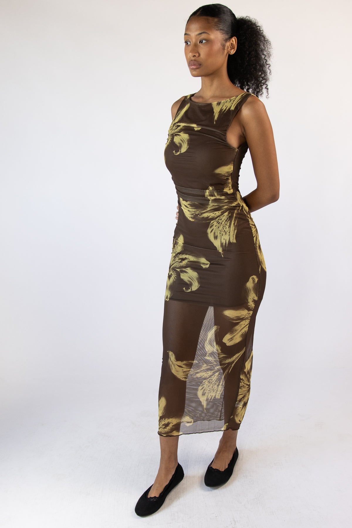 Lily Ruched Mesh Maxi Dress