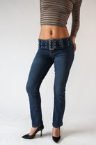 Low Rise Bootcut Belted Jeans Med Wash