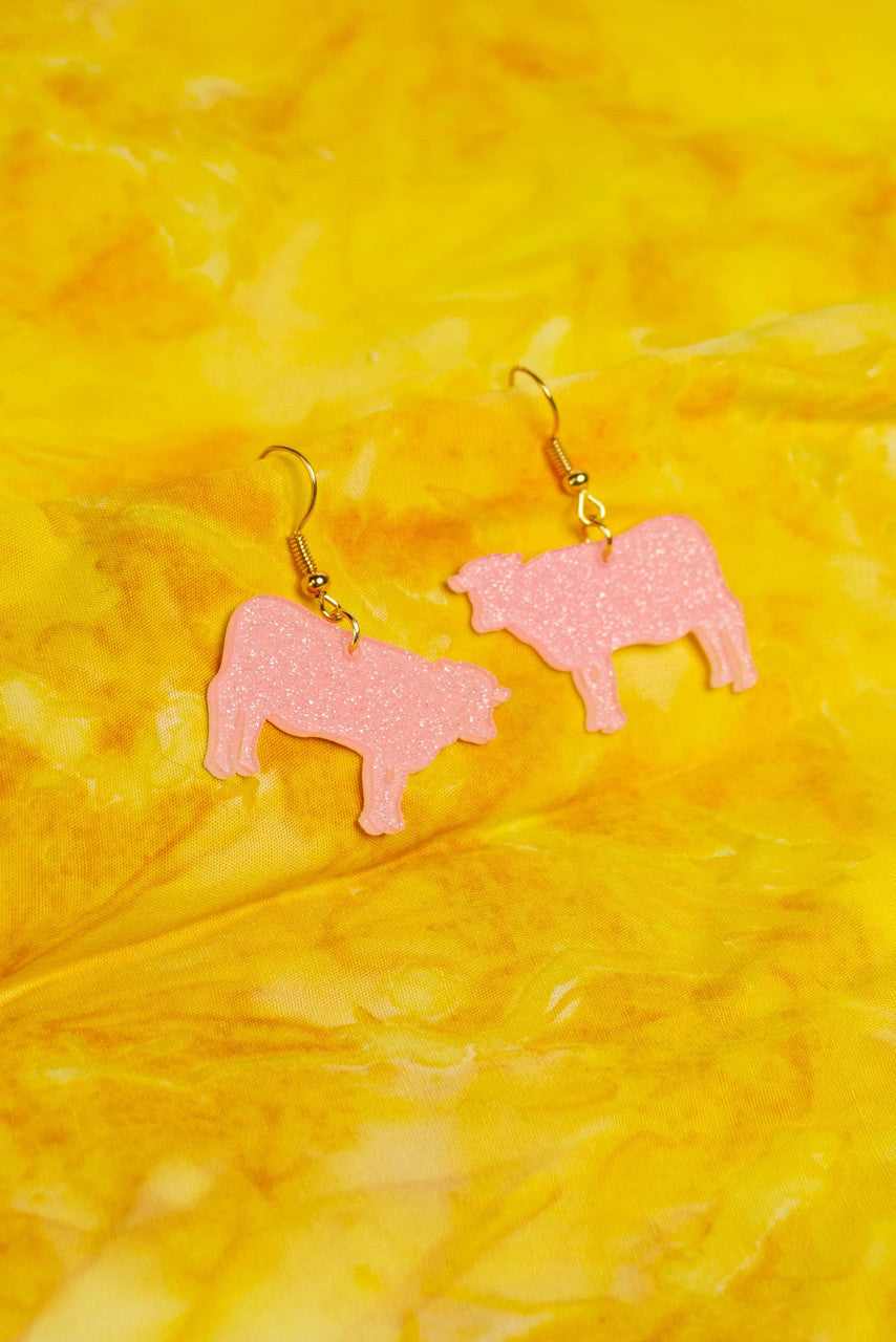 Pink Glitter Cow Drop Earrings