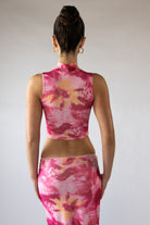 Abstract Lily Print Mesh Mock Neck Tank Top